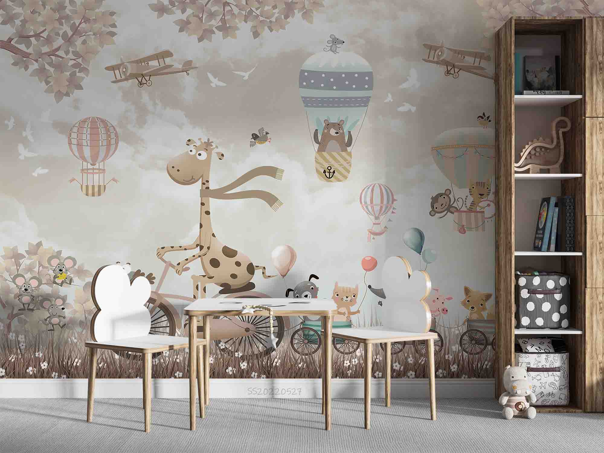 3D Cartoon Animal Hot Air Balloon Retro Airplane Bicycle Wall Mural Wallpaper GD 4155- Jess Art Decoration