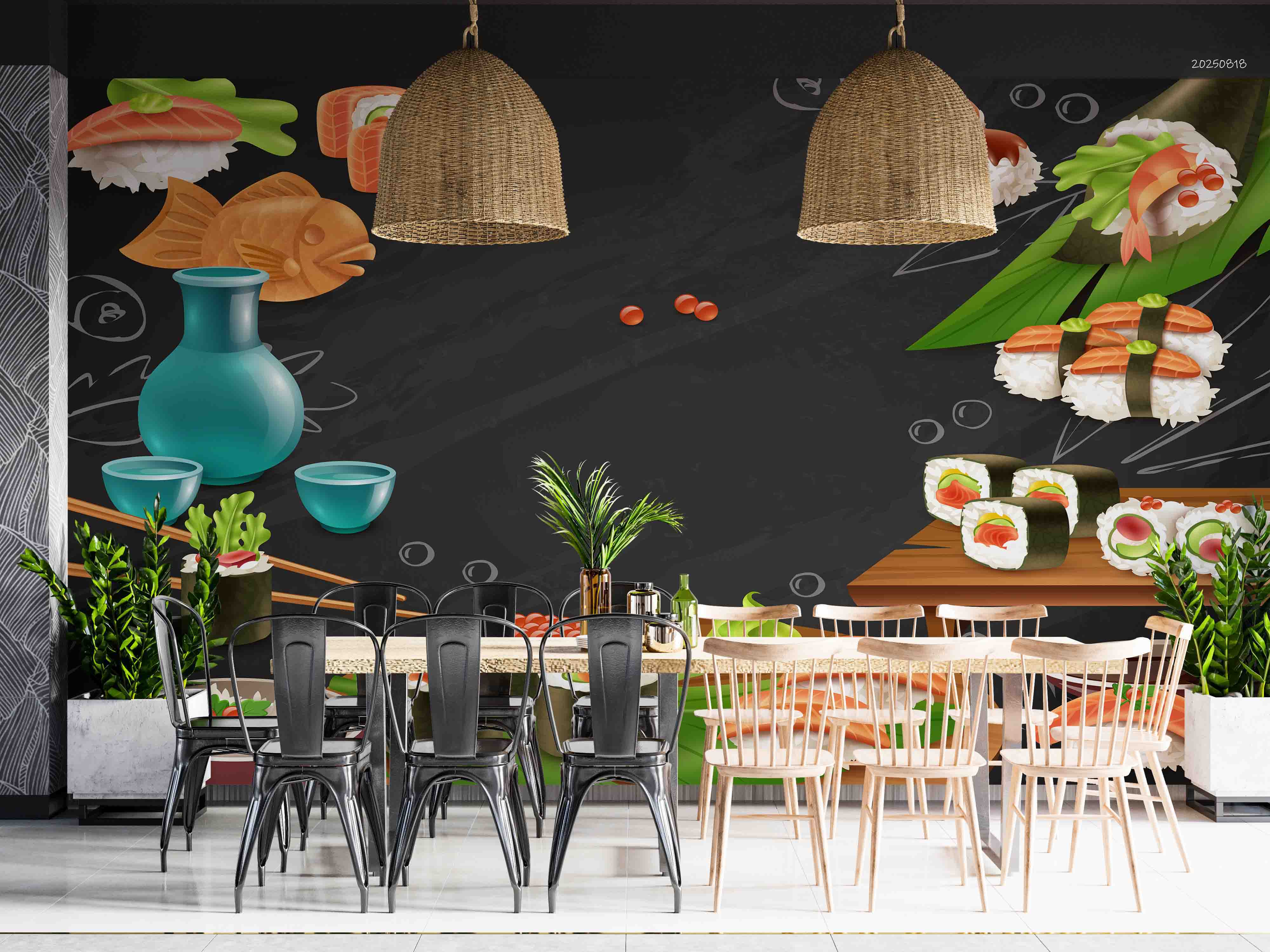 3D Restaurant Snack Bar Diner Fast Food Japanese Sushi Wall Mural Wallpaper 4