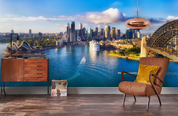 3D City Lake Architecture city skyline lake landscape wall mural wallpaper for office - view 3