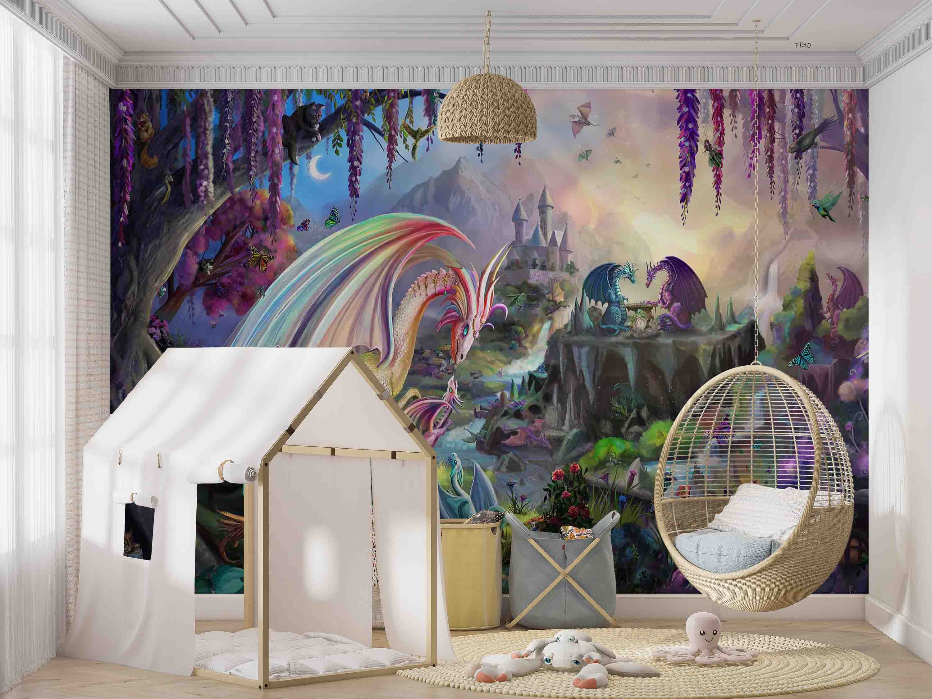 3D Fantasy Castle Plant Floral Dragon Wall Mural Wallpaper GD 4767- Jess Art Decoration