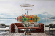 3D Building Lake Mountains Fog Autumn Landscape Wall Mural Wallpaper JN 401