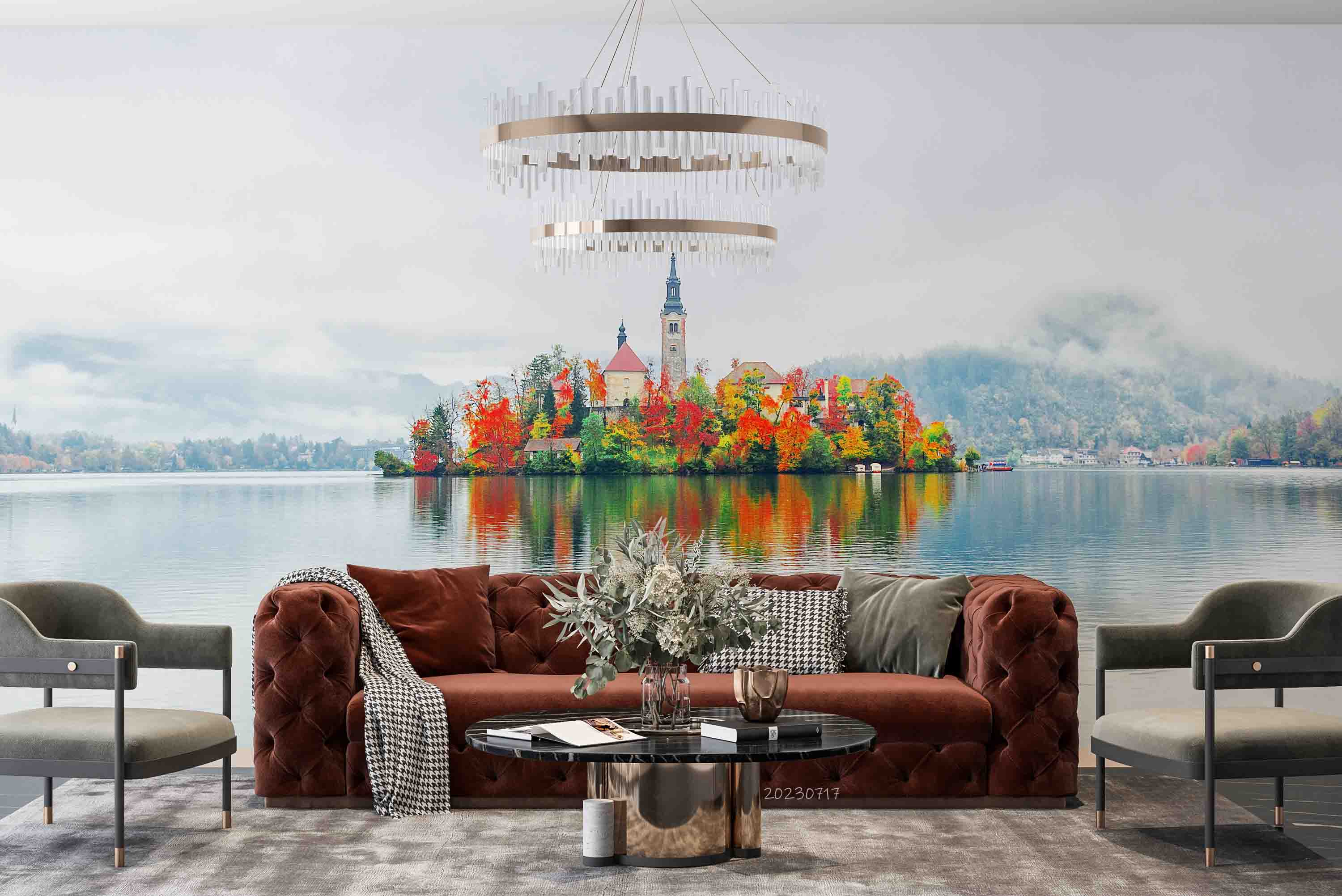3D Building Lake Mountains Fog Autumn Landscape Wall Mural Wallpaper JN 401