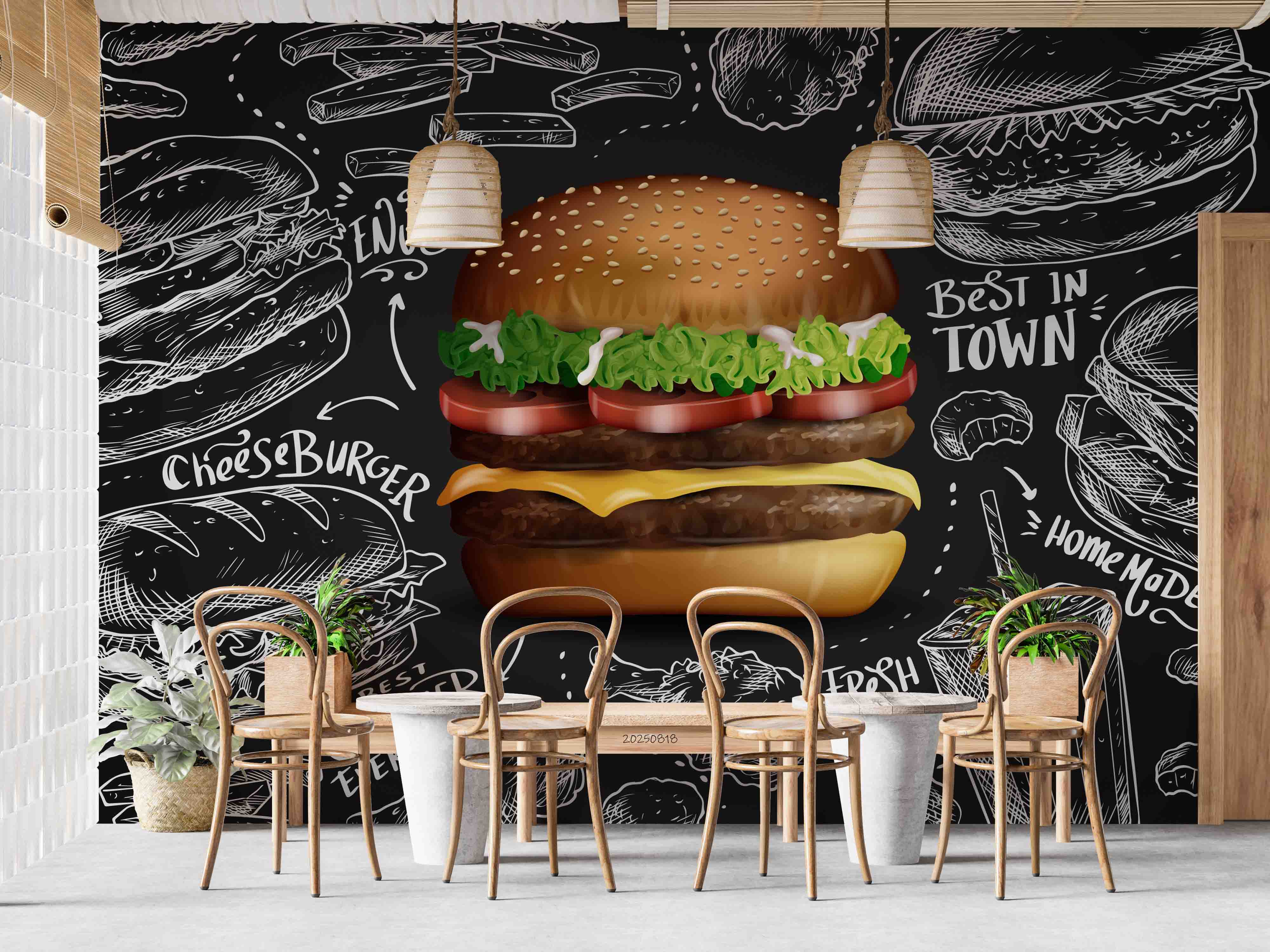 3D Restaurant Snack Bar Diner Fast Food Hamburger Cips Fried Chicken Wall Mural Wallpaper 2