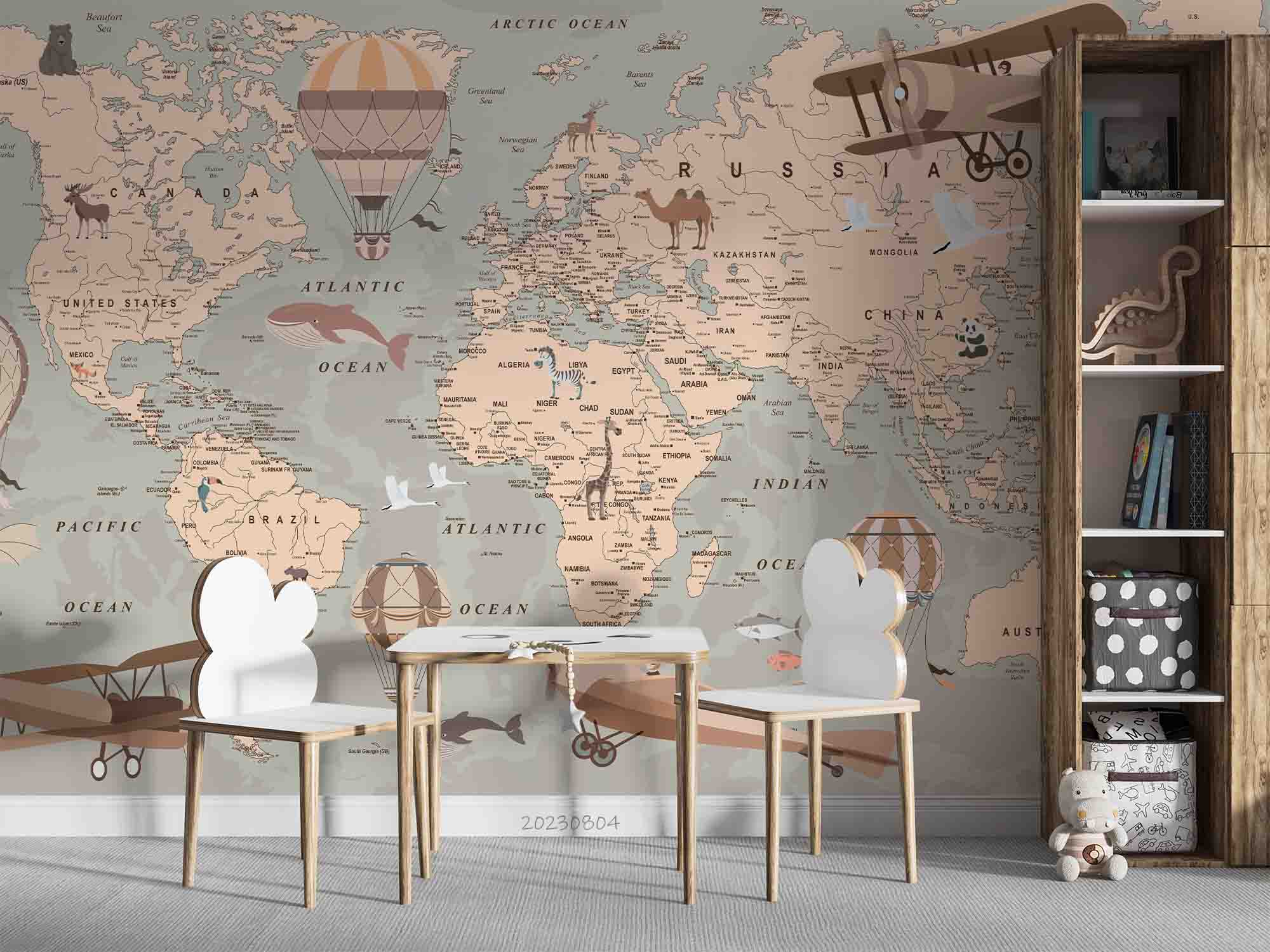 3D World Map Aircraft Hydrogen Balloon Wall Mural Wallpaper YXL 2536
