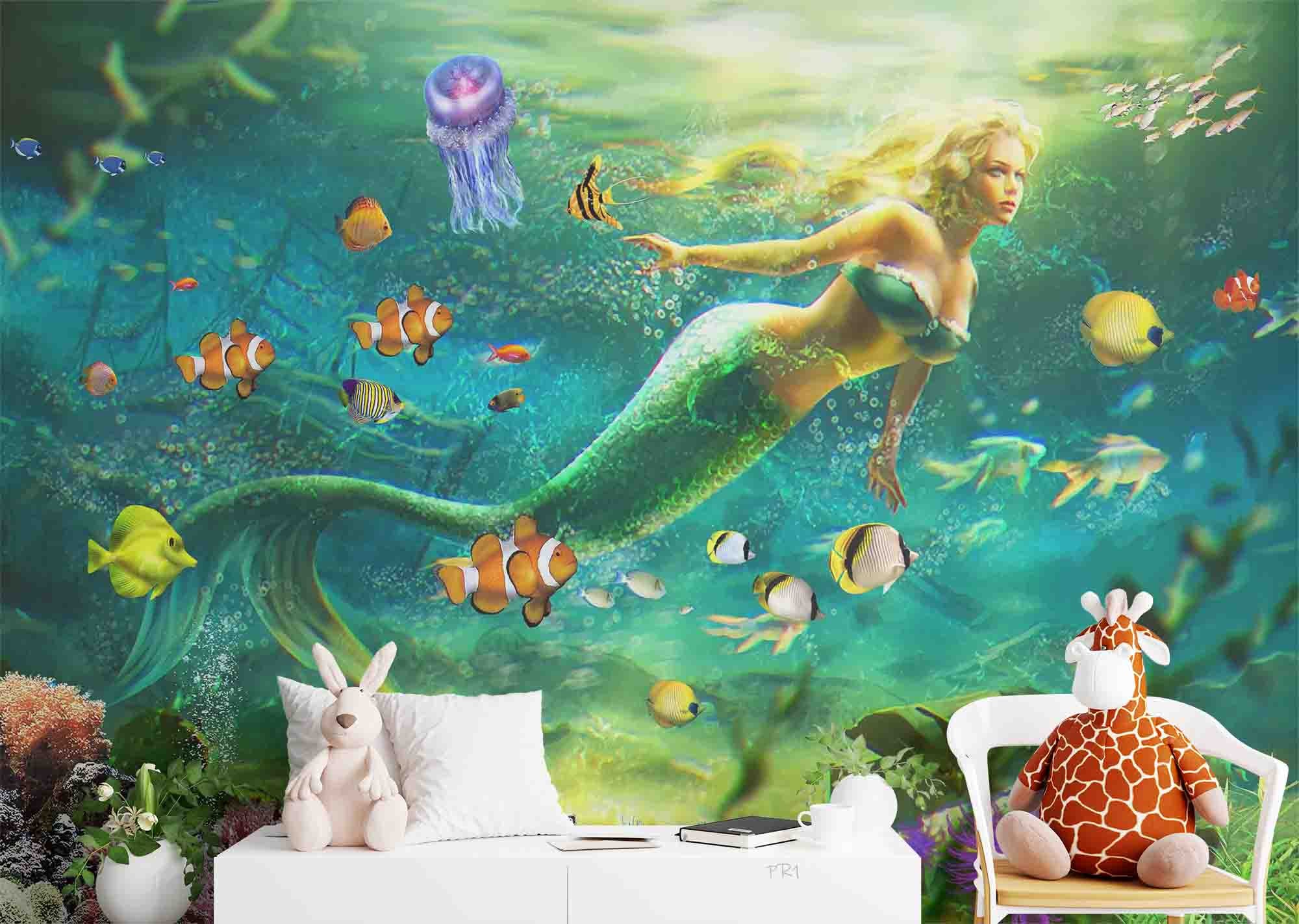 3D Beautiful Mermaid Underwater World Wall Mural Wallpaper GD 3650- Jess Art Decoration