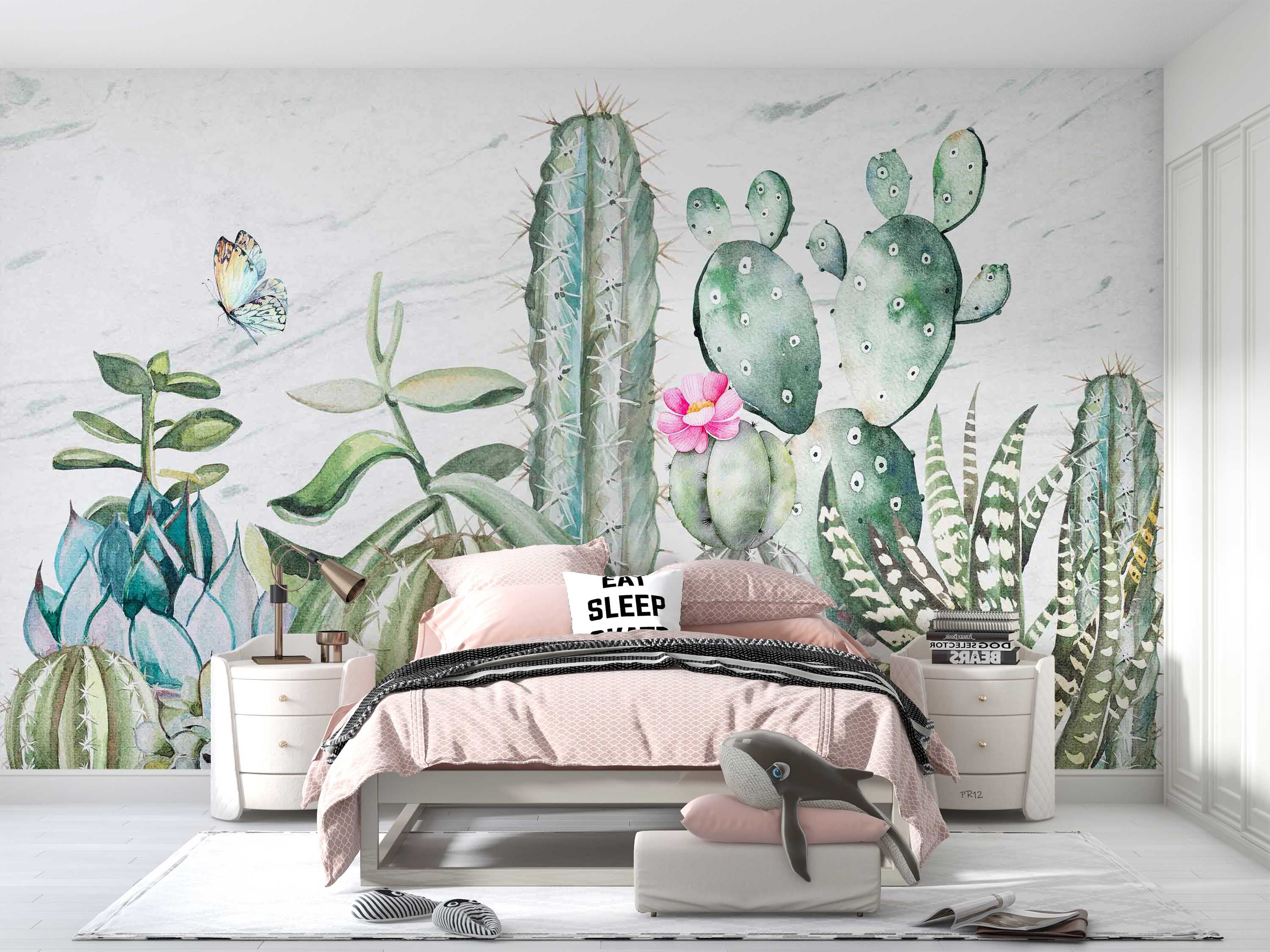 3D Watercolor Cactus Floral Butterfly Wall Mural Wallpaper GD 4962- Jess Art Decoration