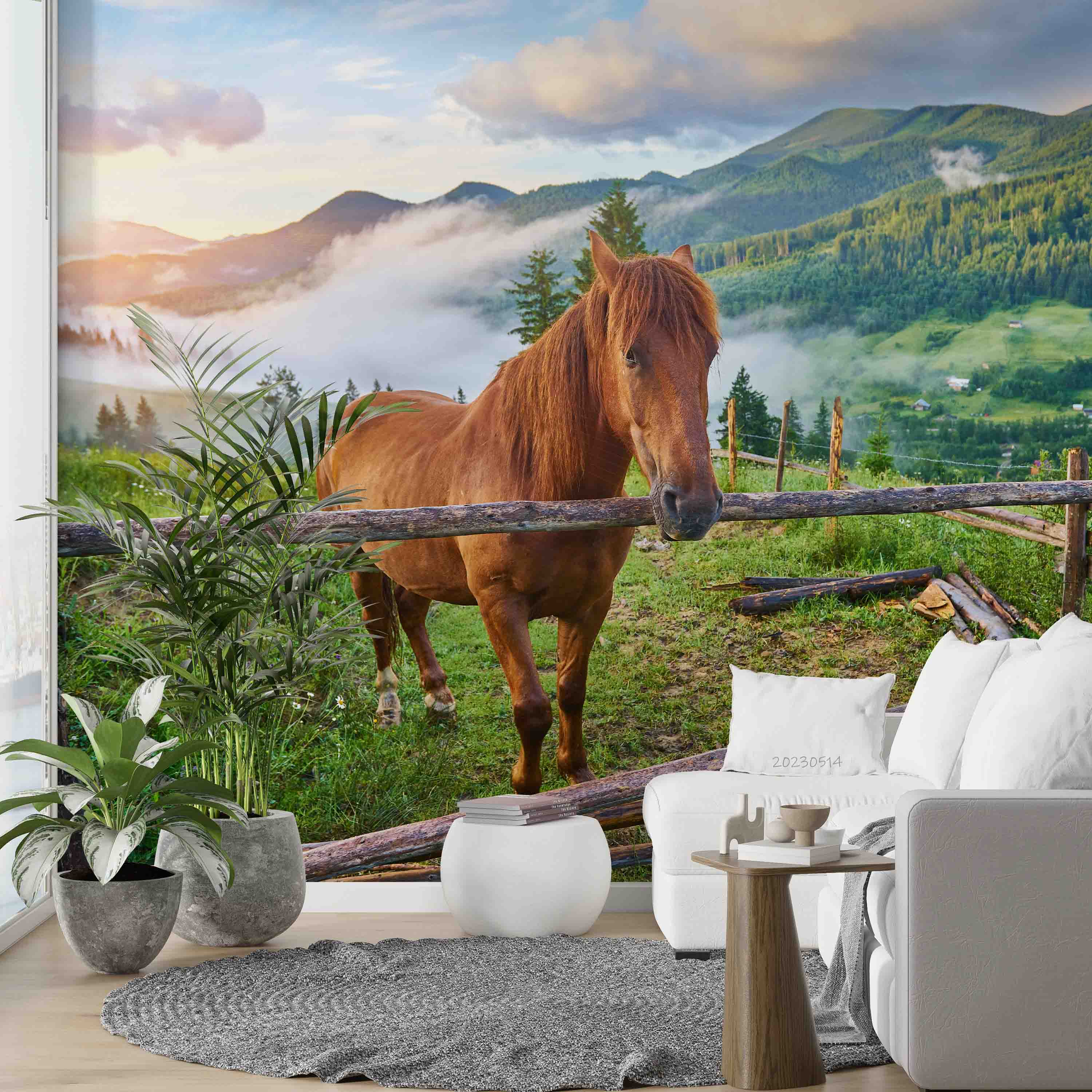 3D Brown Horse Meadow Carpathian Mountains Misty Morning Landscape Wall Mural Wallpaper GD 5345- Jess Art Decoration