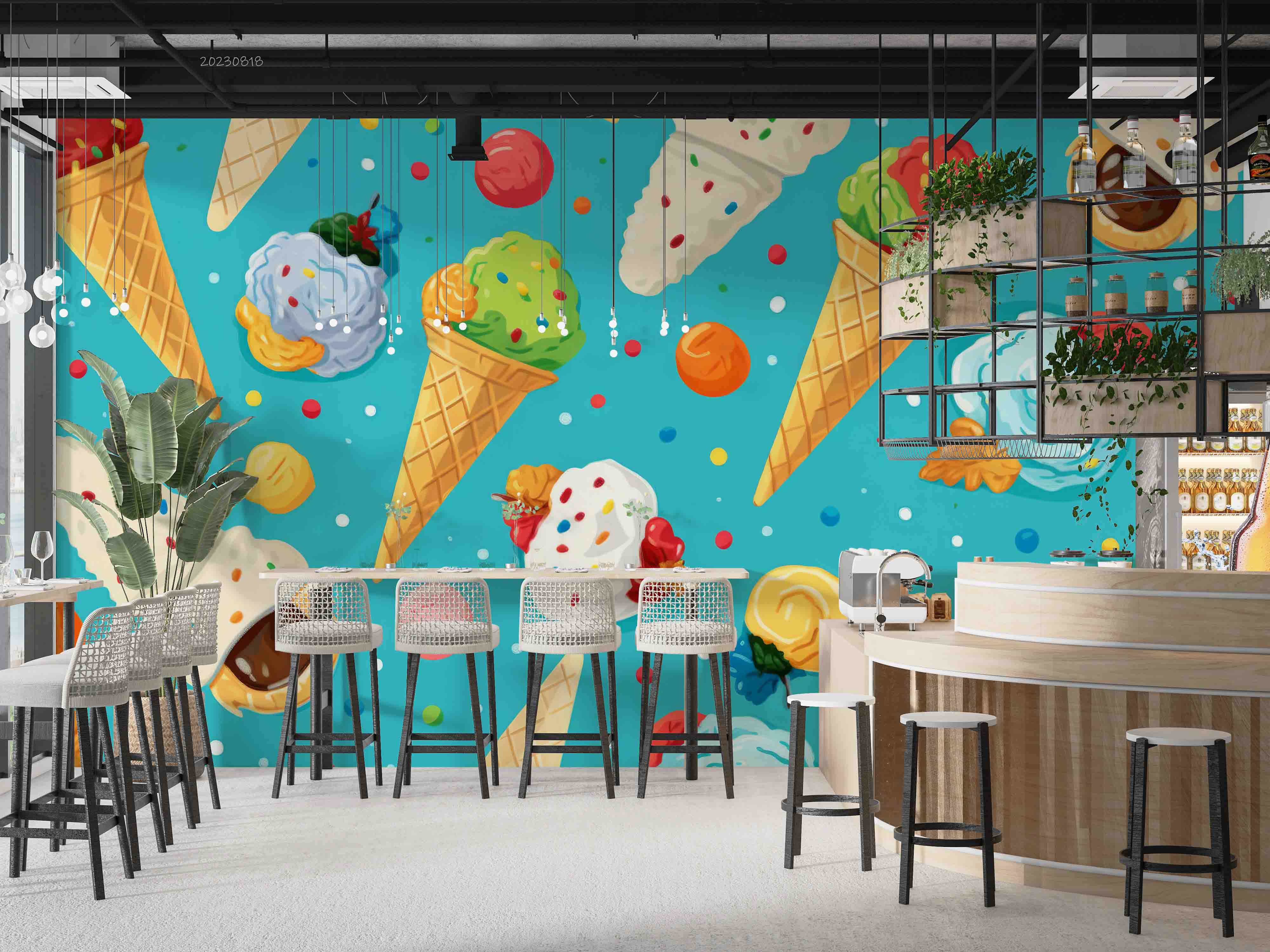 3D Ice Cream Round Blue Wave Point Wall Mural Wallpaper YXL 2307