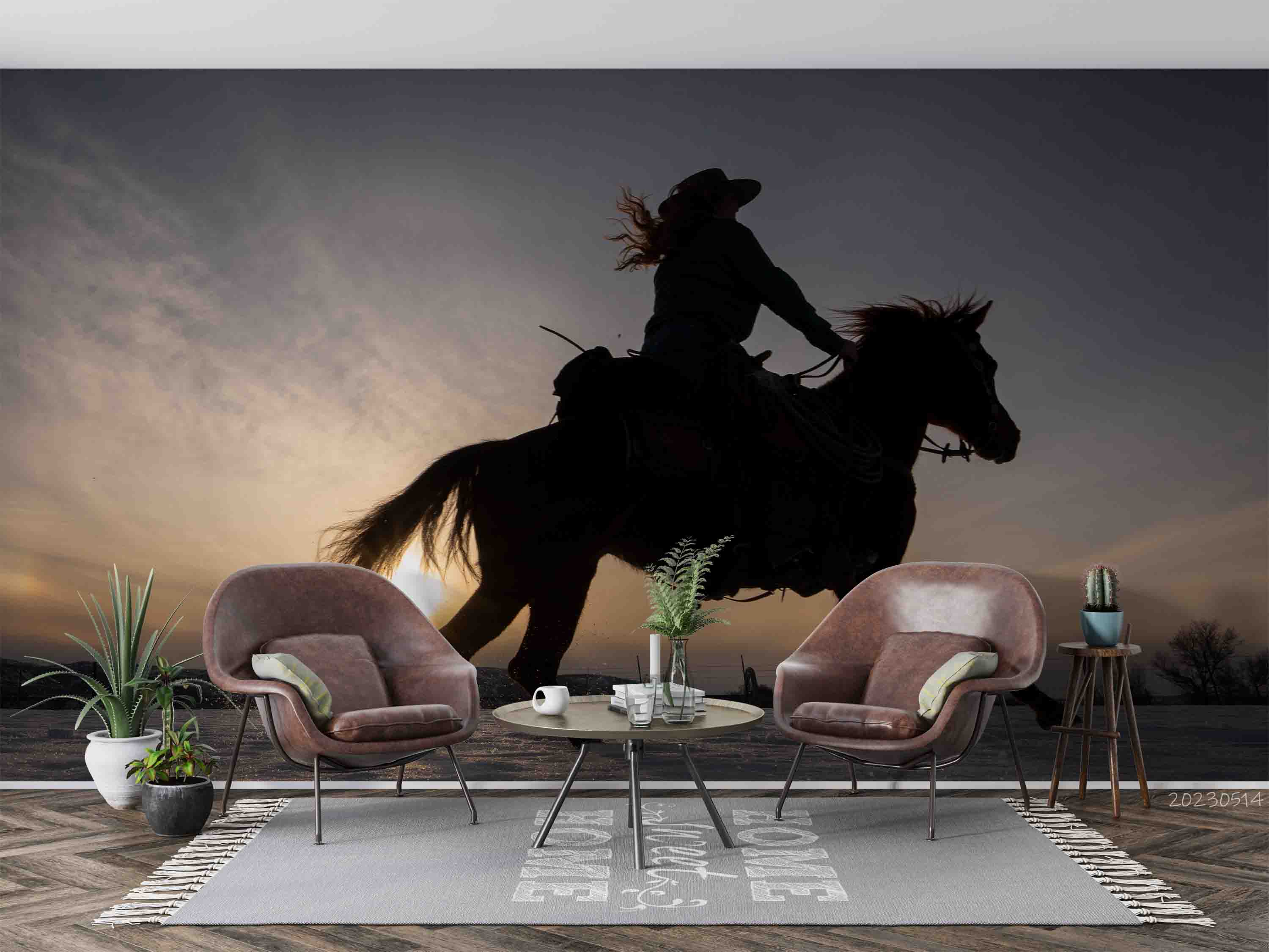 3D Cowgirl Horse Silhouette Wall Mural Wallpaper GD 5311- Jess Art Decoration