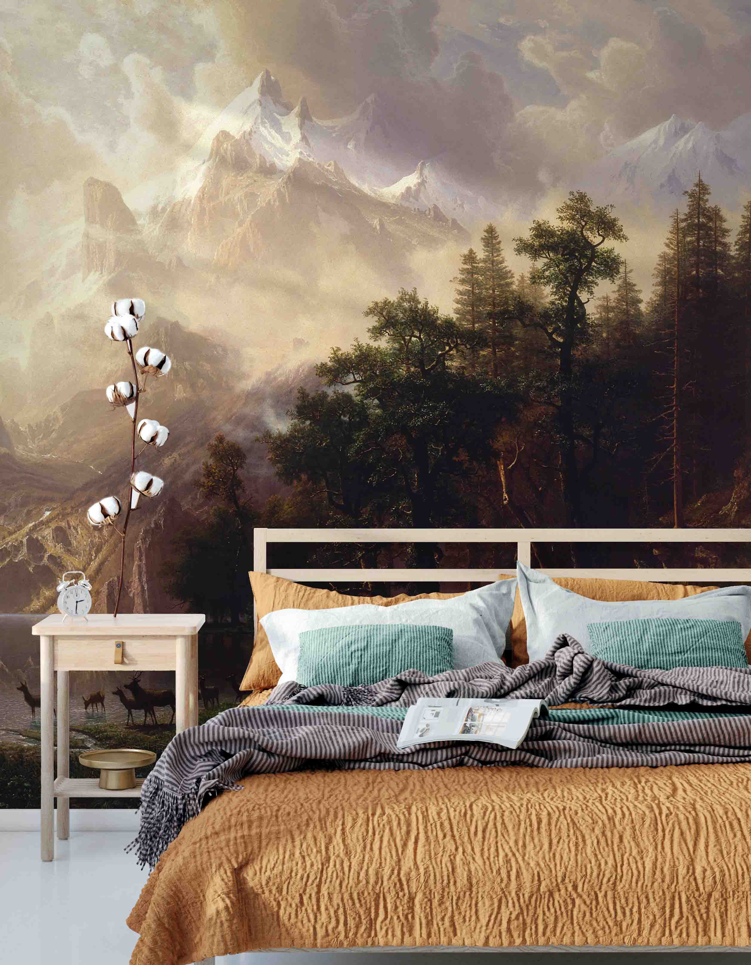 3D Sunlit Deer Mountain sunlit mountain deer landscape wall mural wallpaper for bedroom - view 6