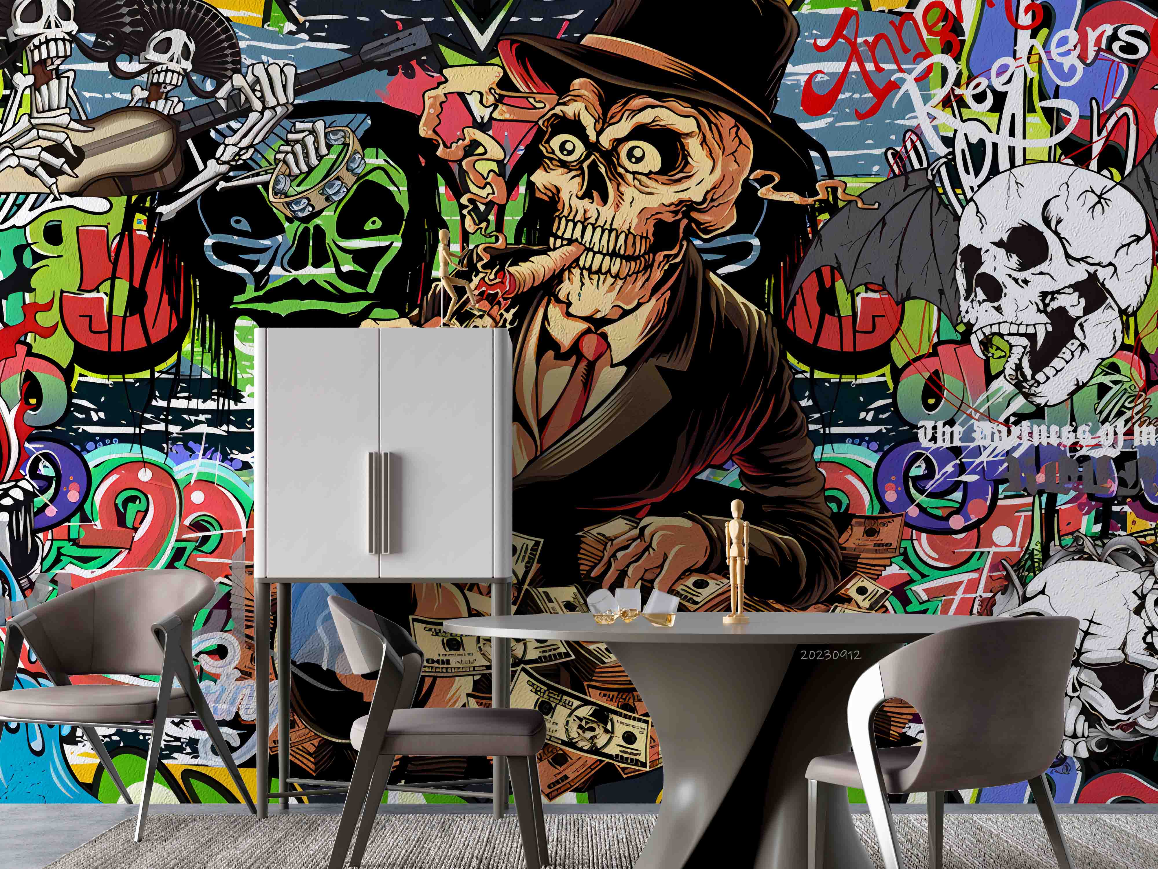 3D Graffiti Skull Skeleton Hands Guitar Wall Mural Wallpaper YXL 2652