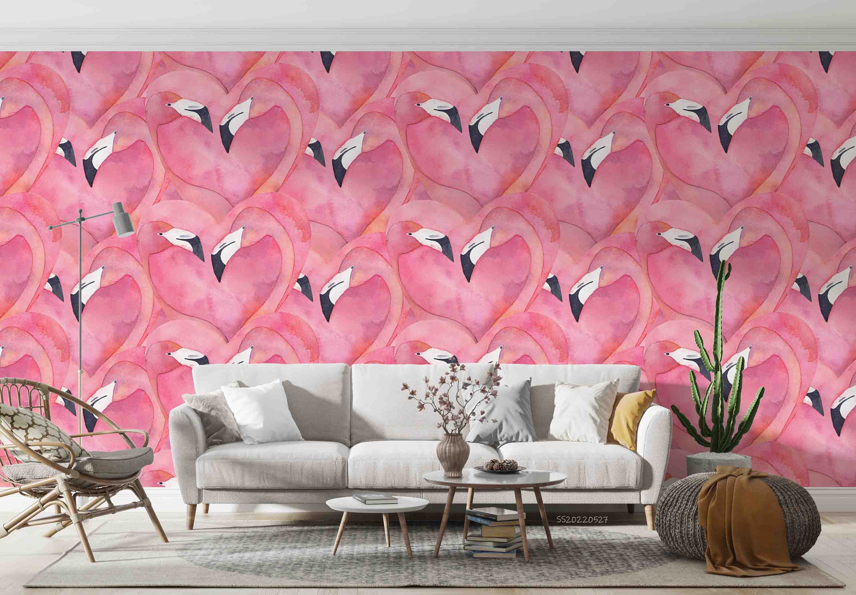 3D Watercolor Pink Flamingo Heart Shape Wall Mural Wallpaper GD 4239- Jess Art Decoration