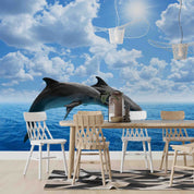 3D Jumping Dolphins Couple Blue Sea Sky White Clouds Wall Mural Wallpaper GD 5043- Jess Art Decoration