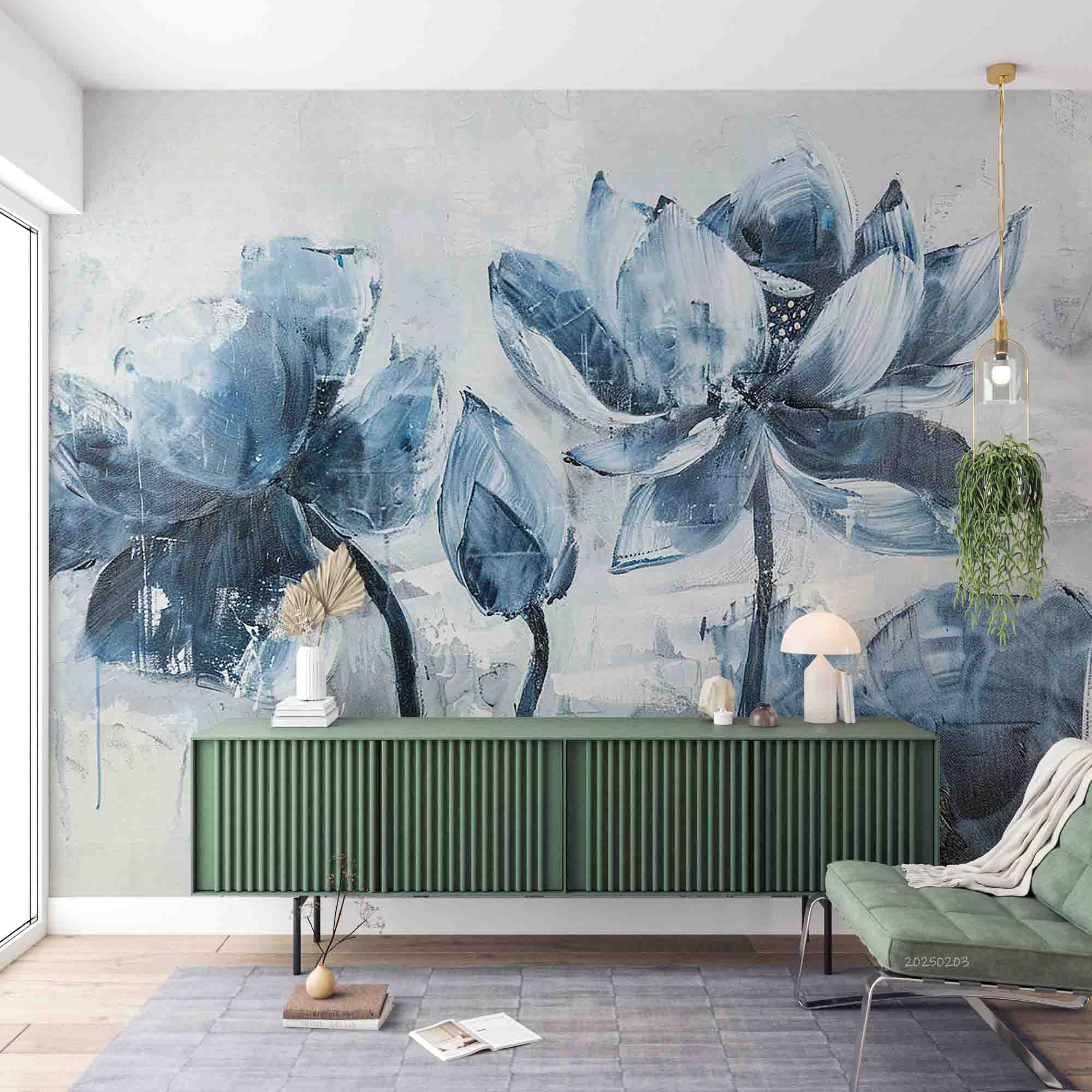 3D Blue Lotus Flower Oil Painting Wallpaper Wall Mural Wall Decor Wall Art Wall Sticker Remoable Wallpaper LQH