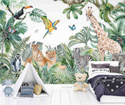 3D Animal Tree Elephant Giraffe Cheetah Butterfly Zebra Lion Parrot Wall Mural Wallpaper YXL 2548