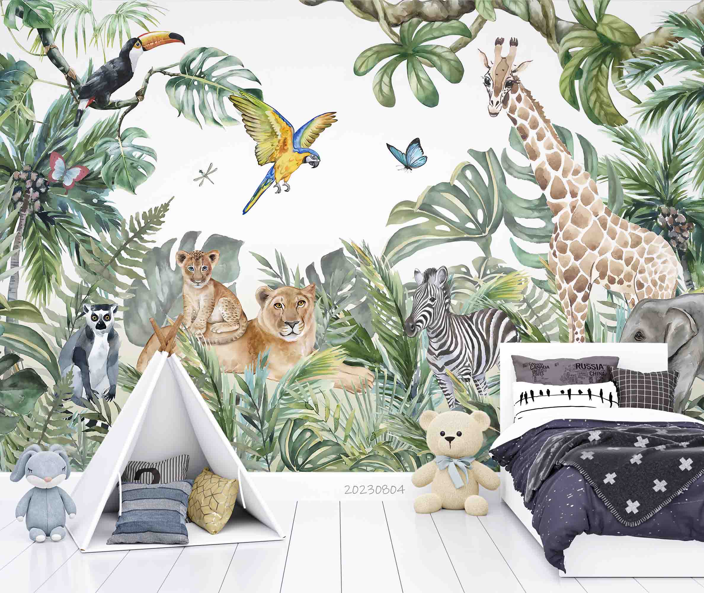 3D Animal Tree Elephant Giraffe Cheetah Butterfly Zebra Lion Parrot Wall Mural Wallpaper YXL 2548