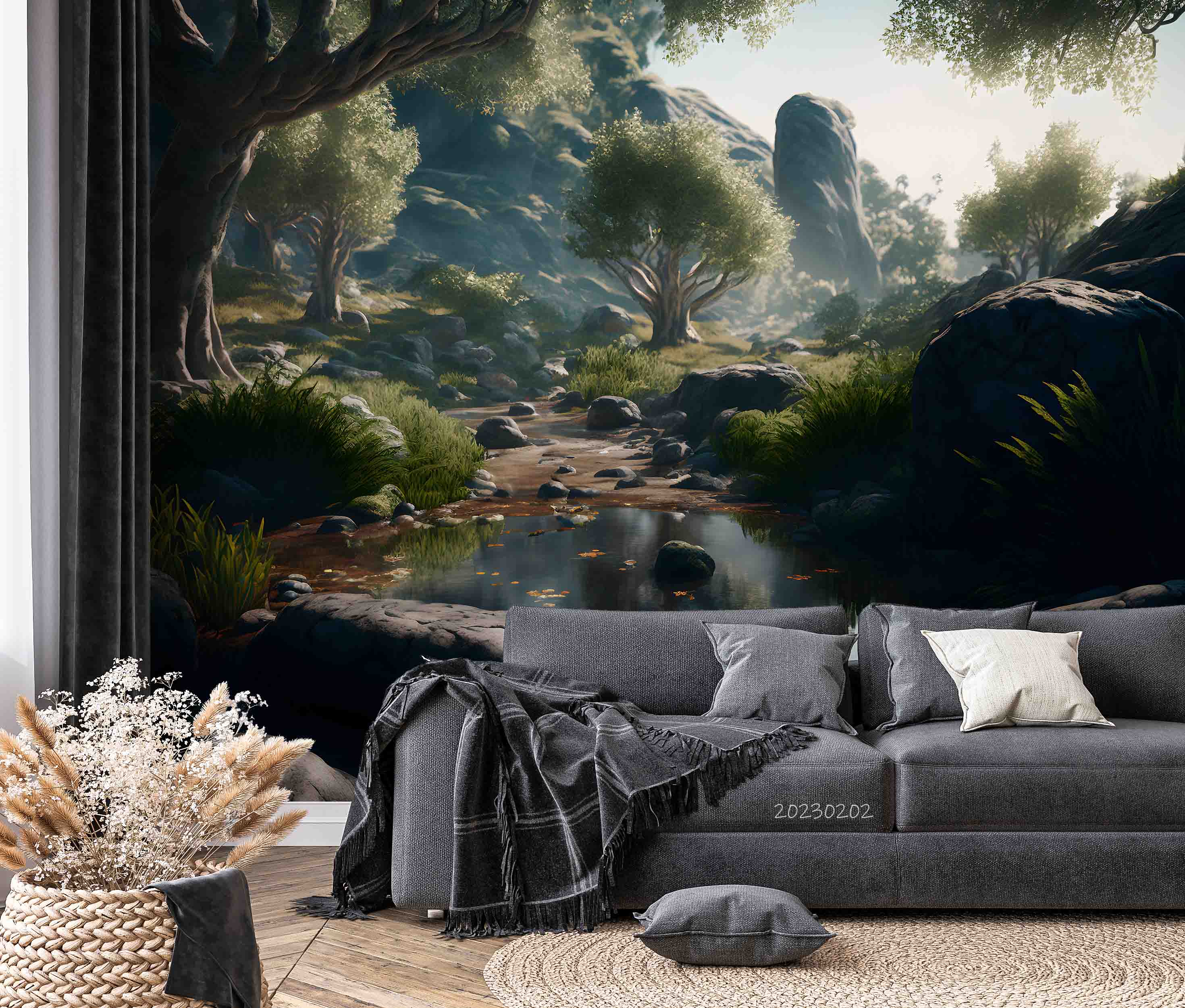 3D Scenery Tree Mountain River Stone Wall Mural Wallpaper YXL 03- Jess Art Decoration