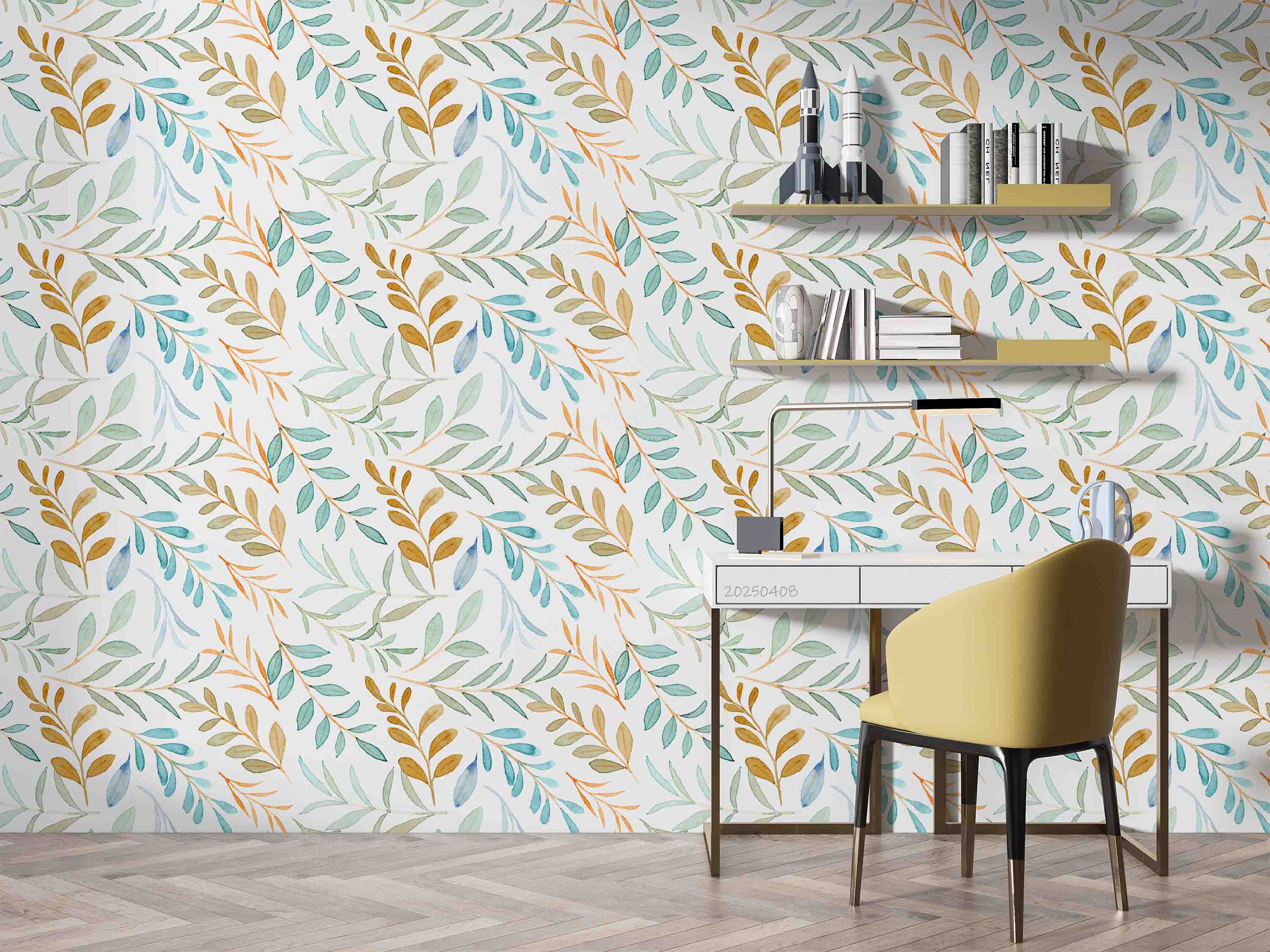 3D Watercolor Blue Brown Leaf Pattern Wallpaper Wall Mural Wall Decor Wall Art Wall Sticker Remoable Wallpaper