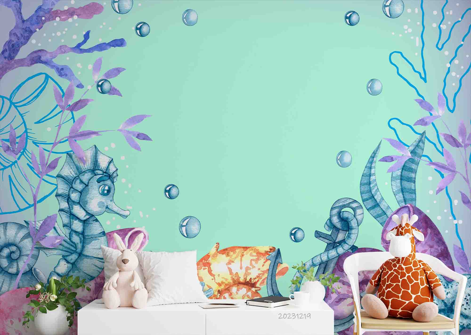 3D Animal Sea Sea Horse Conch Starfish Bubble Wall Mural Wallpaper YXL 55
