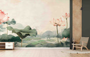 3D Hand Drawn Pink Lotus Green Leaves Wallpaper Wall Mural Wall Decor Wall Art Wall Sticker Remoable Wallpaper 42