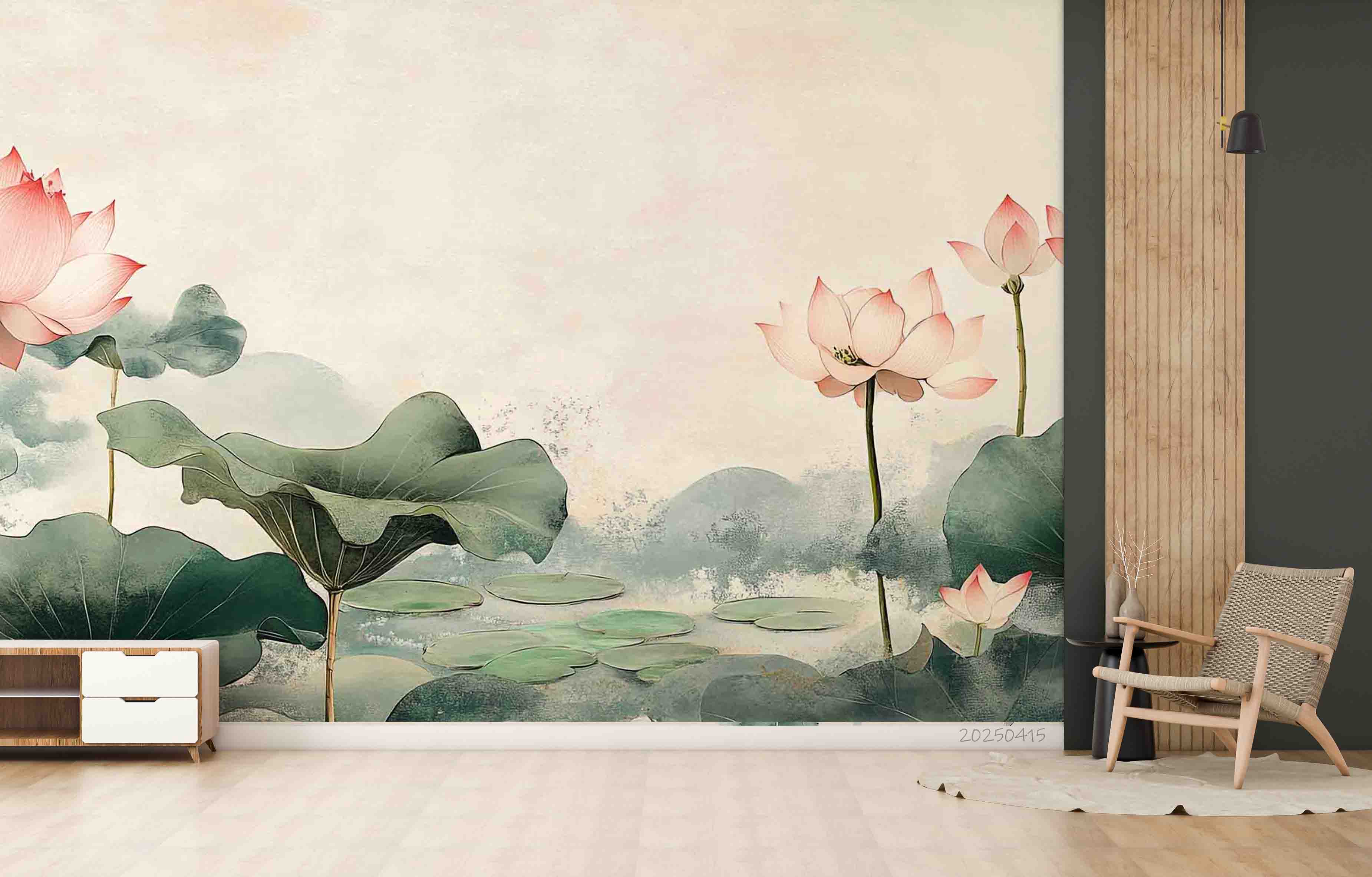 3D Hand Drawn Pink Lotus Green Leaves Wallpaper Wall Mural Wall Decor Wall Art Wall Sticker Remoable Wallpaper 42