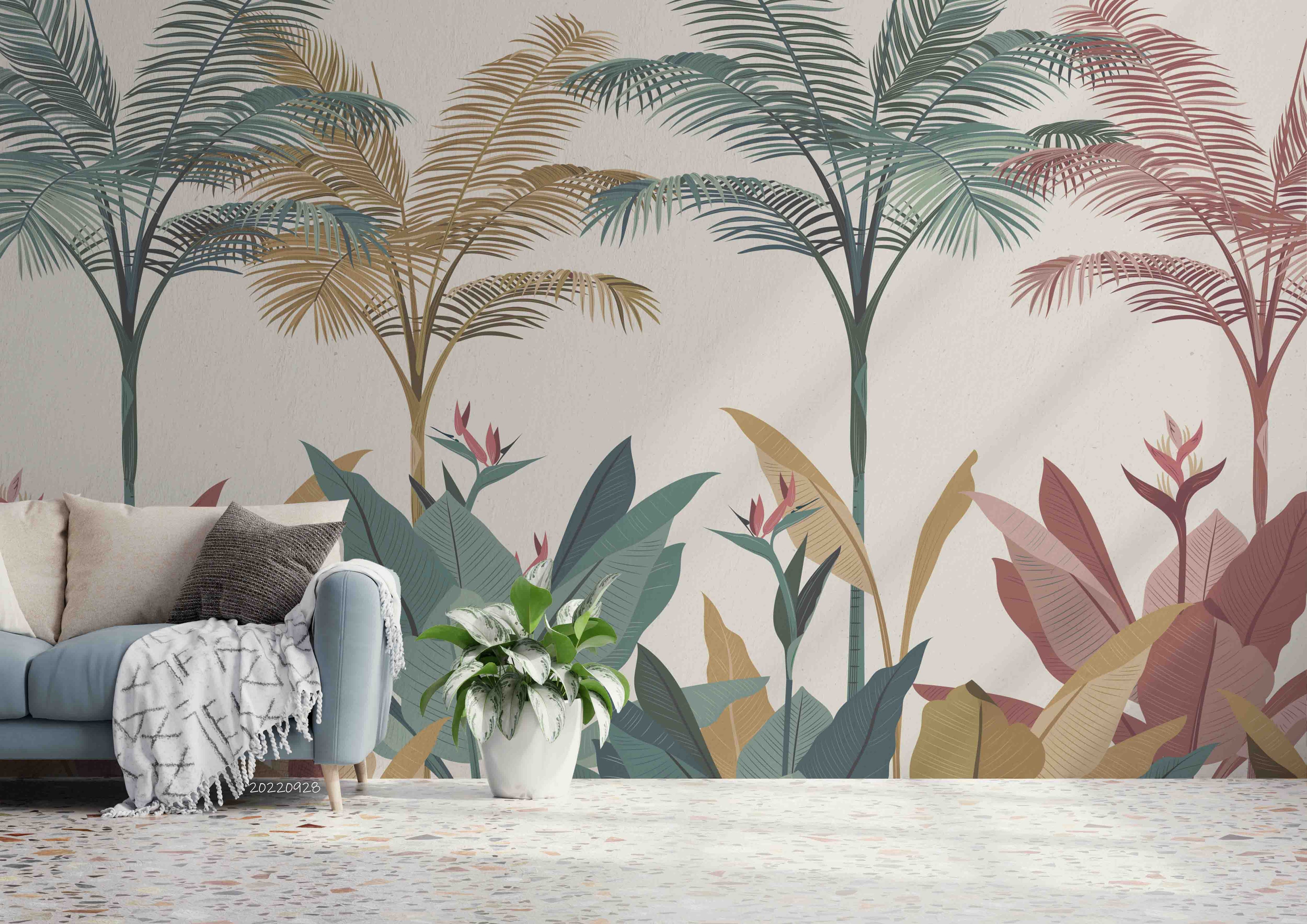 3D Tropical Watercolor Coconut Tree Leaves Wall Mural Wallpaper GD 3317- Jess Art Decoration