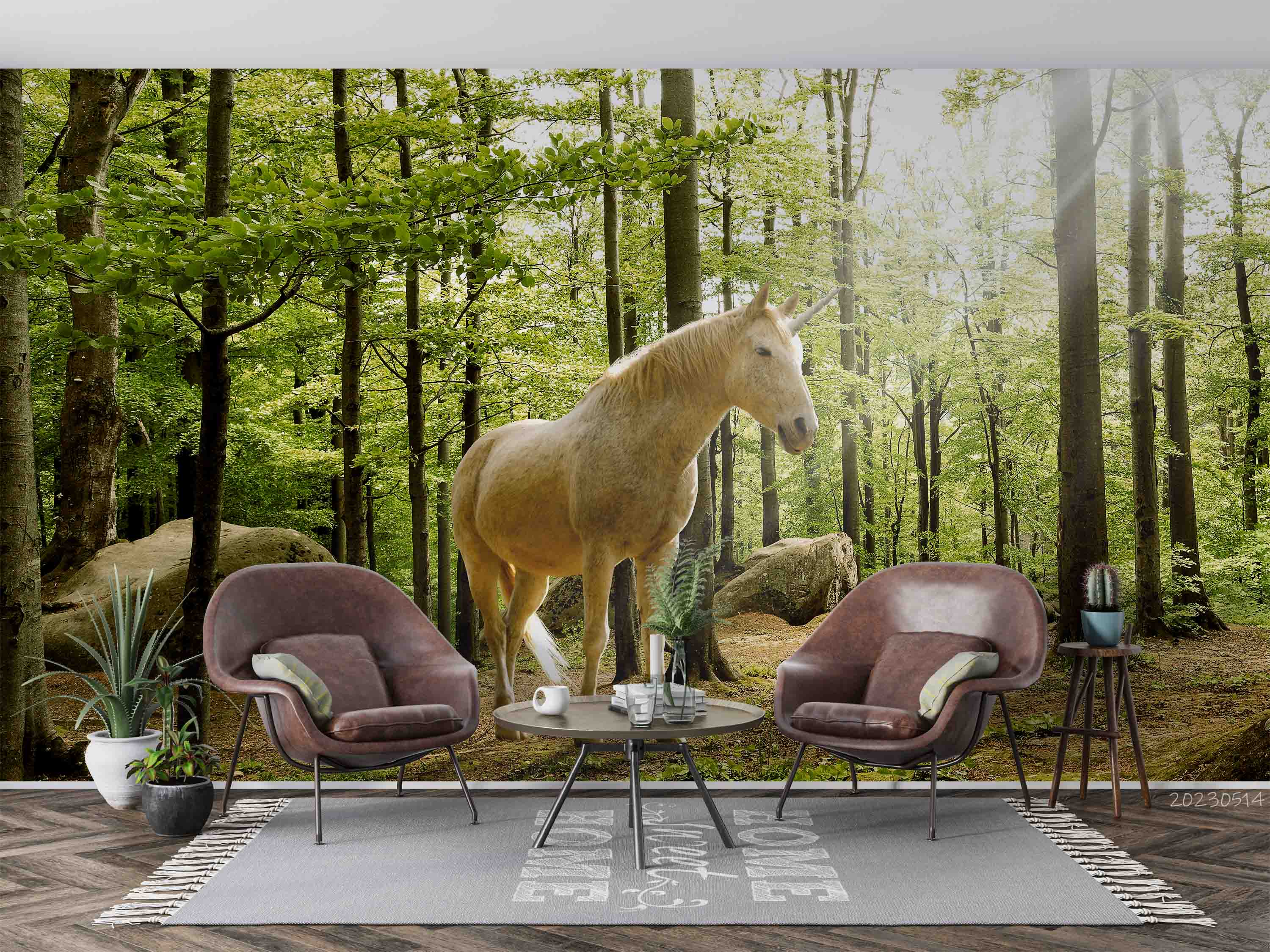 3D Forest Green Trees Sunlight White Unicorn Wall Mural Wallpaper GD 5326- Jess Art Decoration