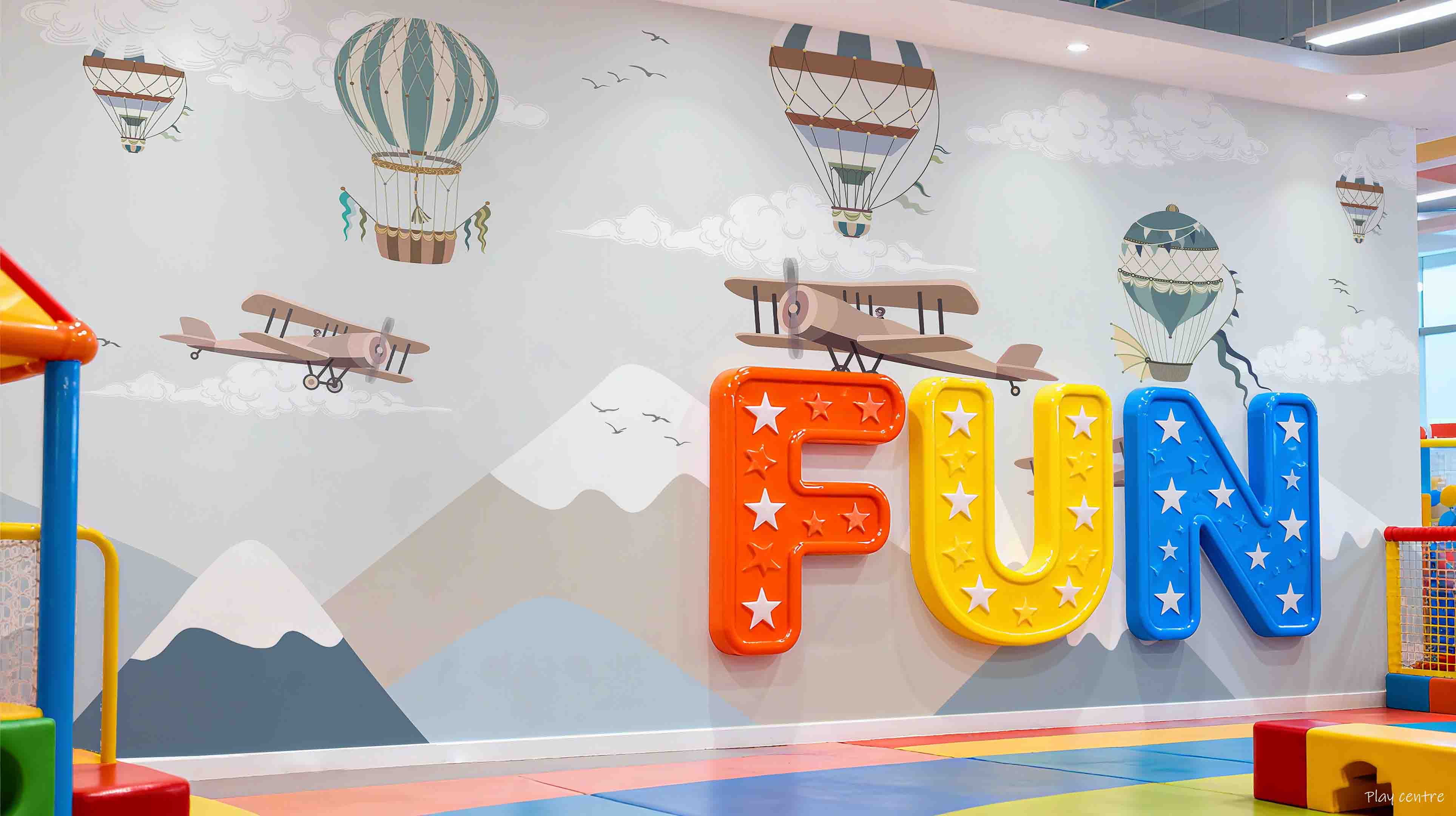 3D Play Centre Amusement Park Funfair Carnie Mountains Plane Fire Balloon Wall Mural Wallpaper 13