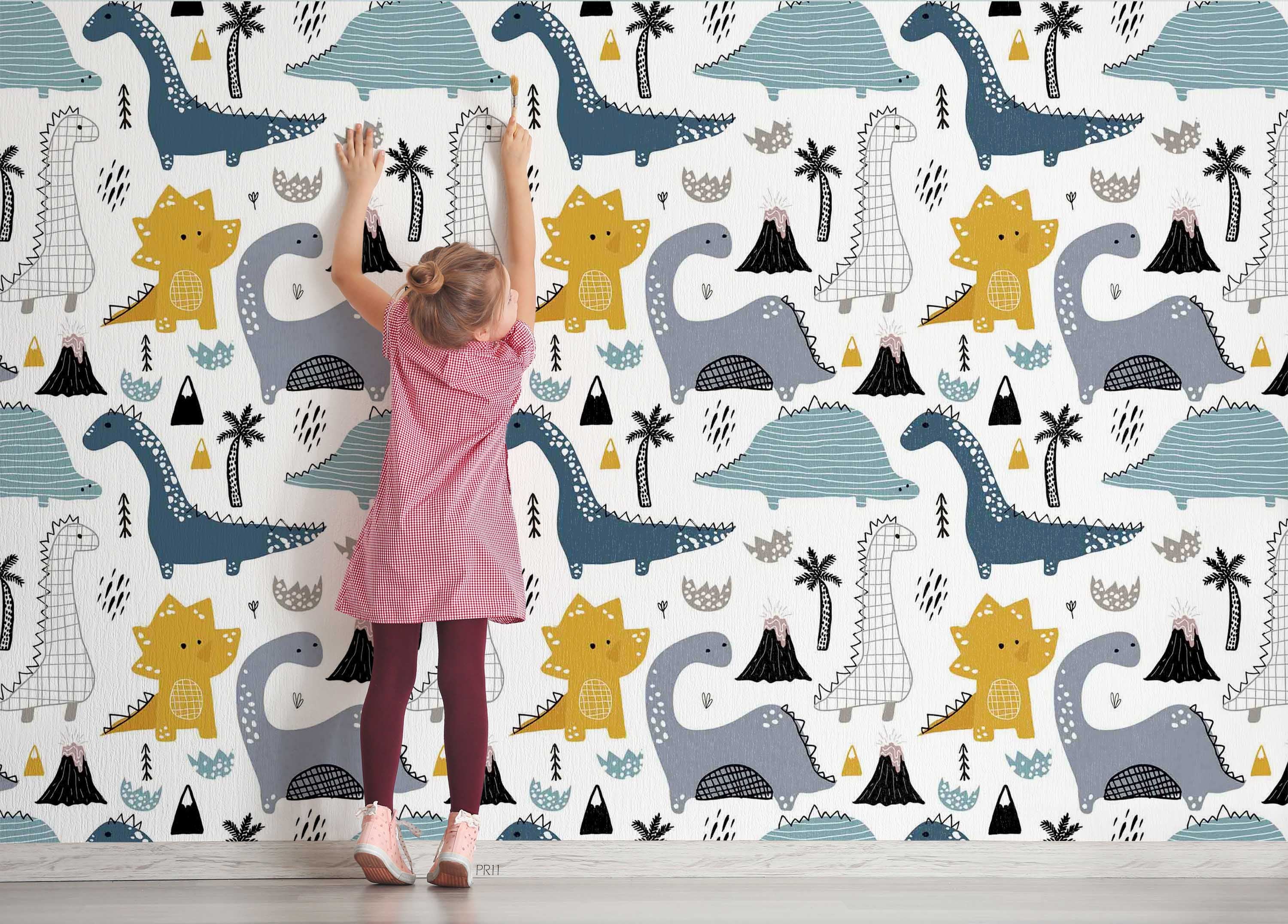 3D Cute Dinosaur Pattern cute dinosaur volcano pattern wall mural wallpaper for nursery - view 4