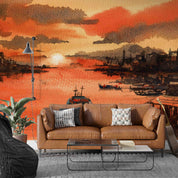 3D Oil Painting Ship Sea House Sunrise Cloud Wall Mural Wallpaper YXL 156