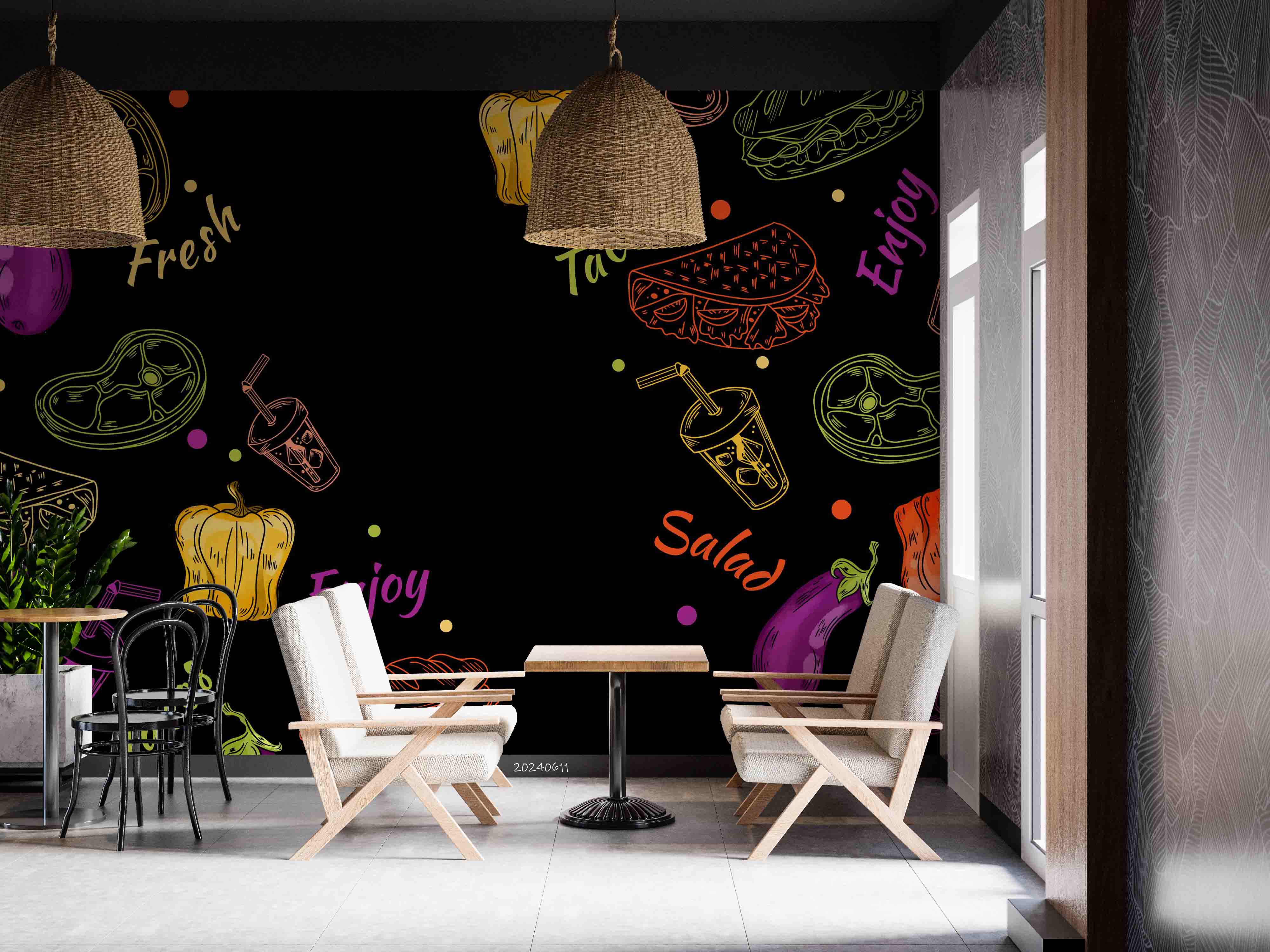 3D Hamburger Pizza Chips Black Green Pepper Wall Mural Wallpaper YXL 302