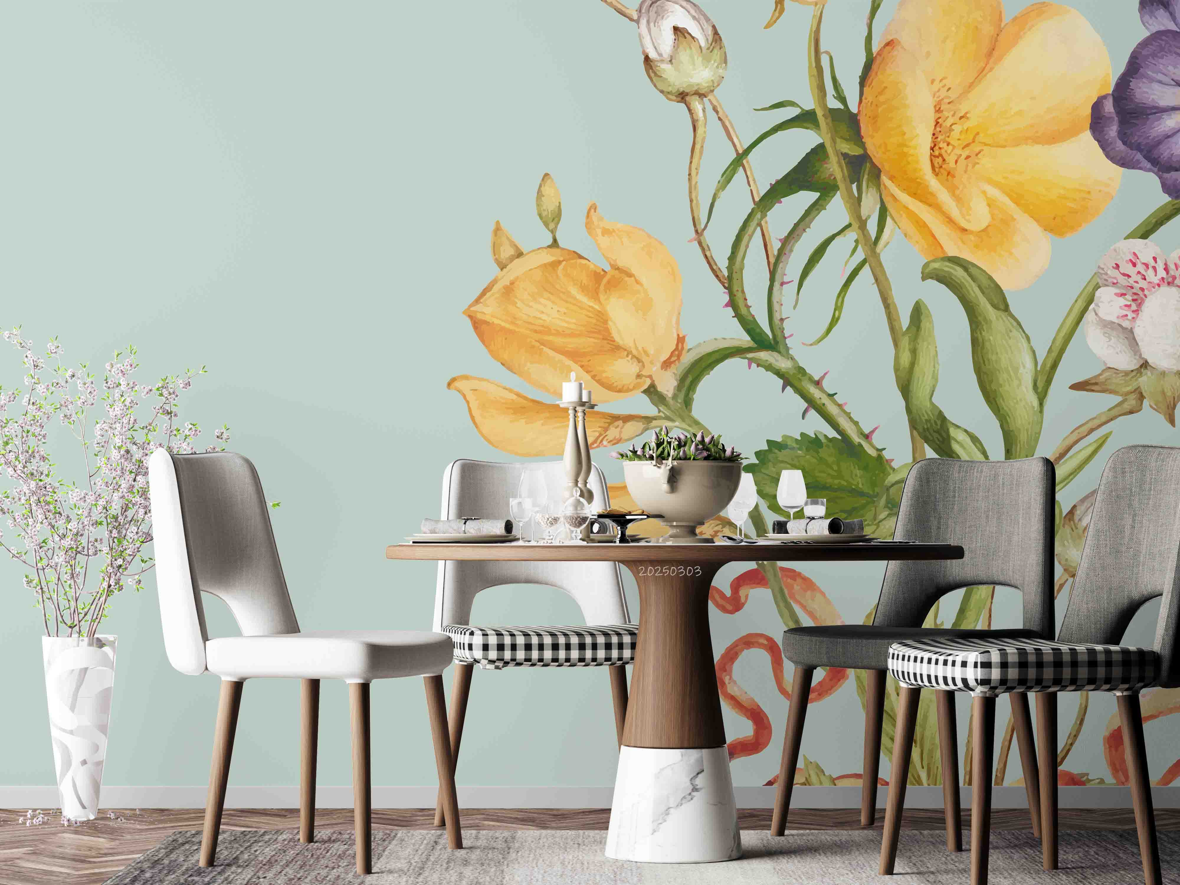 3D Hand Drawn Yellow Floral Green Leaf Wallpaper Wall Mural Wall Decor Wall Art Wall Sticker Remoable Wallpaper LQH