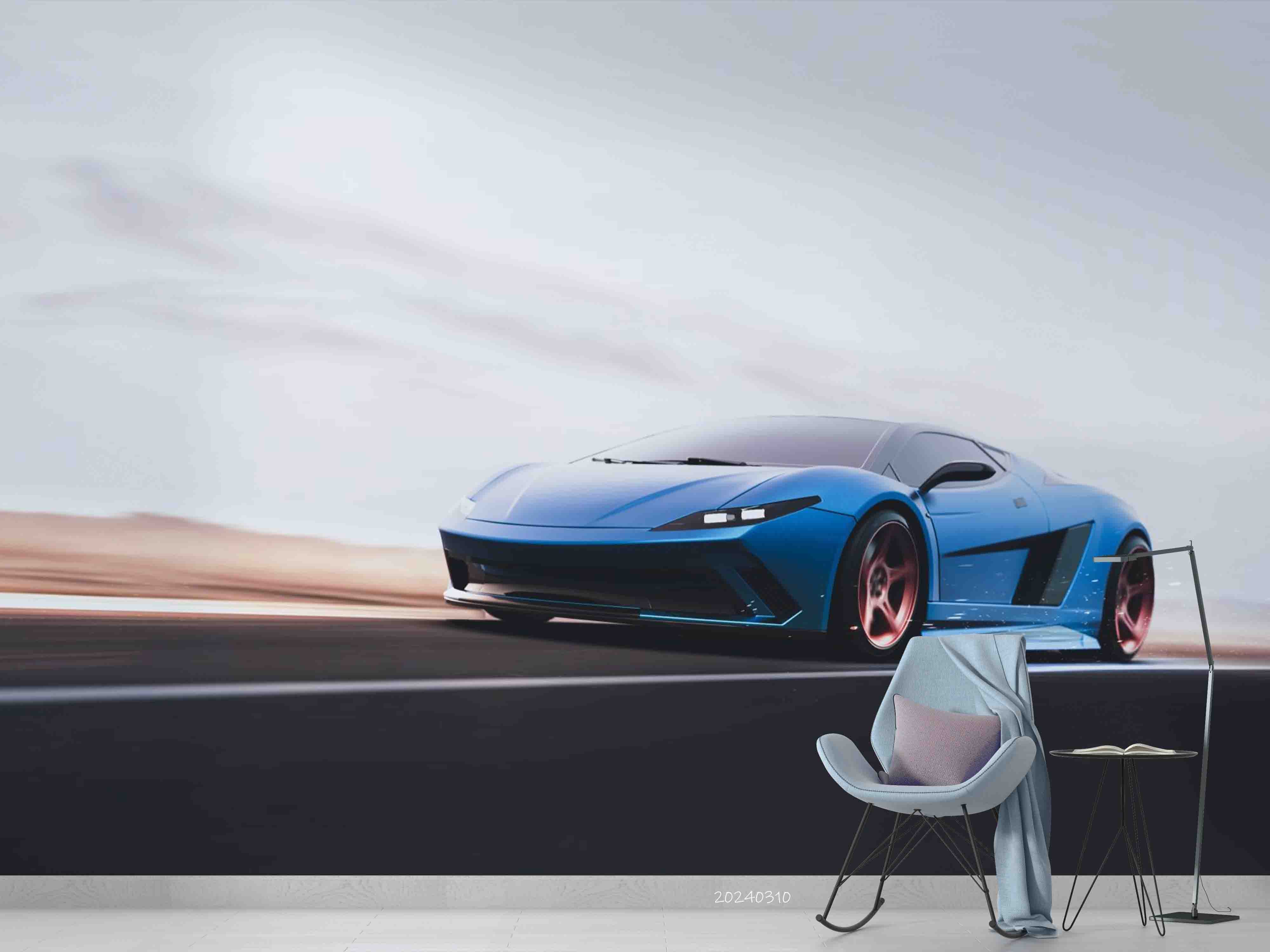 3D Blue Sports Car Wallpaper Wall Mural Wall Decor Wall Art Wall Sticker Remoable Wallpaper