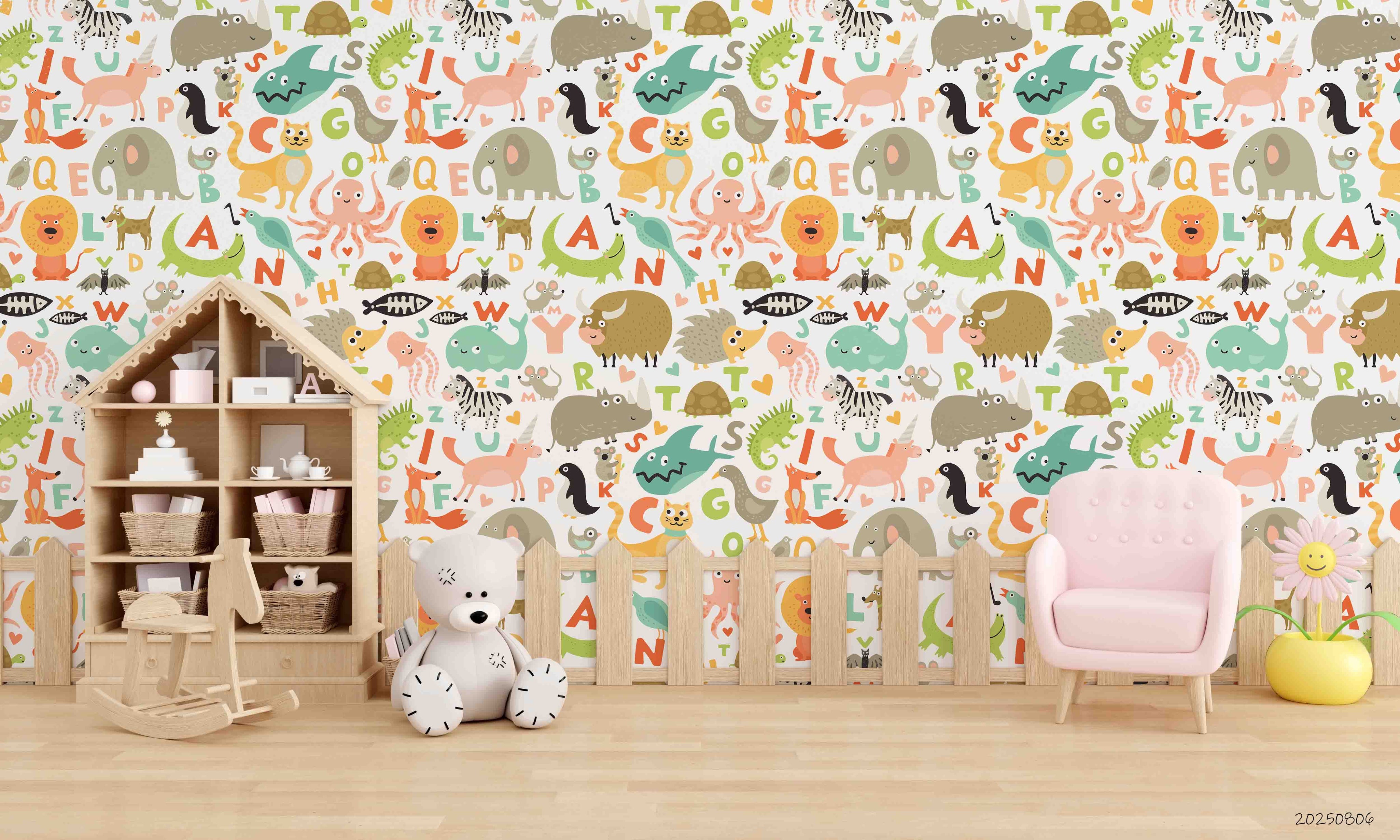 3D Childcare Nursery School Cartoon Kids Animals Letters Wall Mural Wallpaper JN 59
