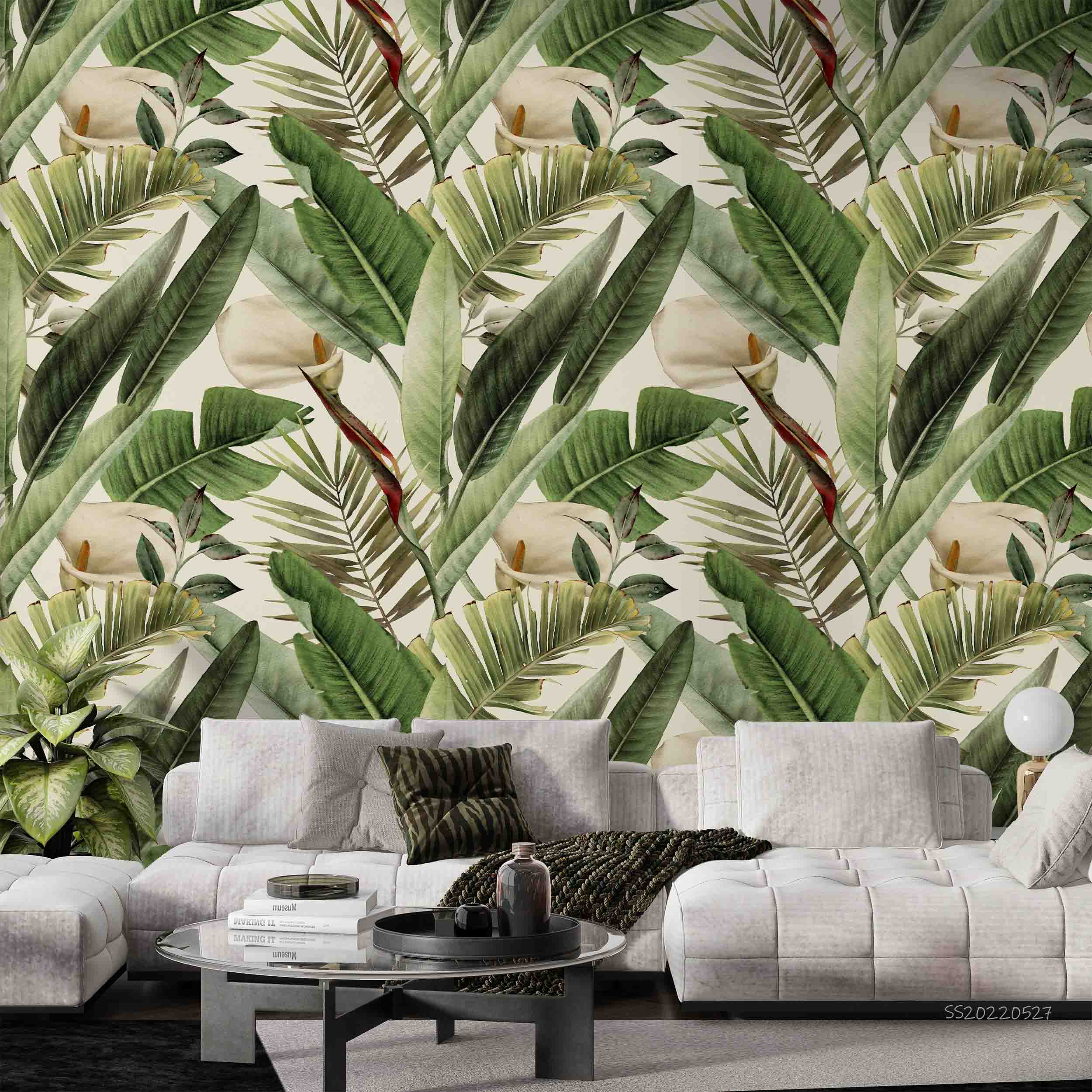 3D Watercolor Tropical Leaves Pattern Light Background Wall Mural Wallpaper GD 4206- Jess Art Decoration