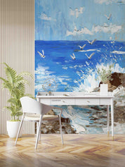 3D Oil Painting Sea Spindrift Stone Sea Mew Wall Mural Wallpaper YXL 145
