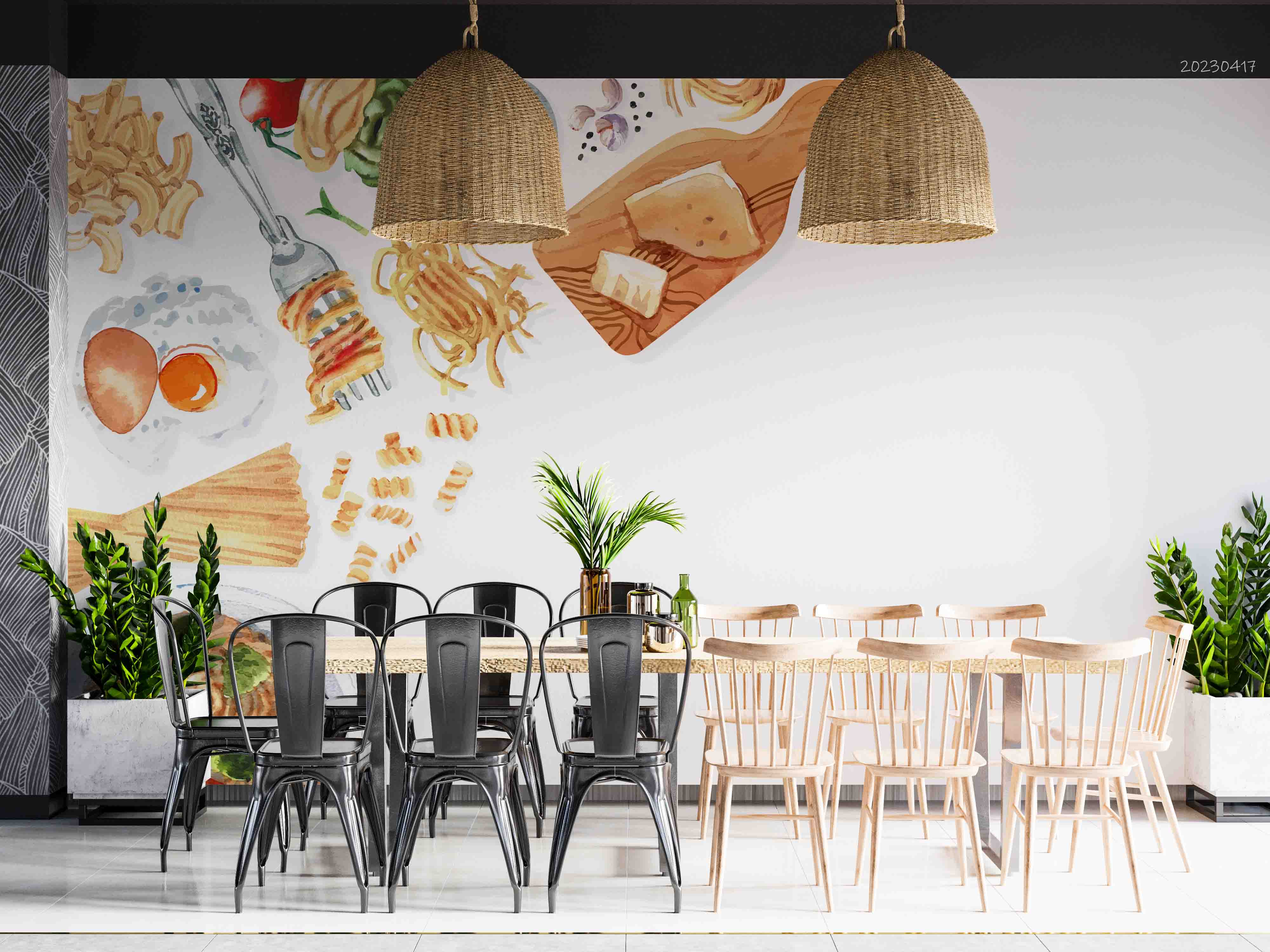 3D Pasta Design Fork Macaroni Pasta Watercolor Illustration Wall Mural Wallpaper GD 5485- Jess Art Decoration