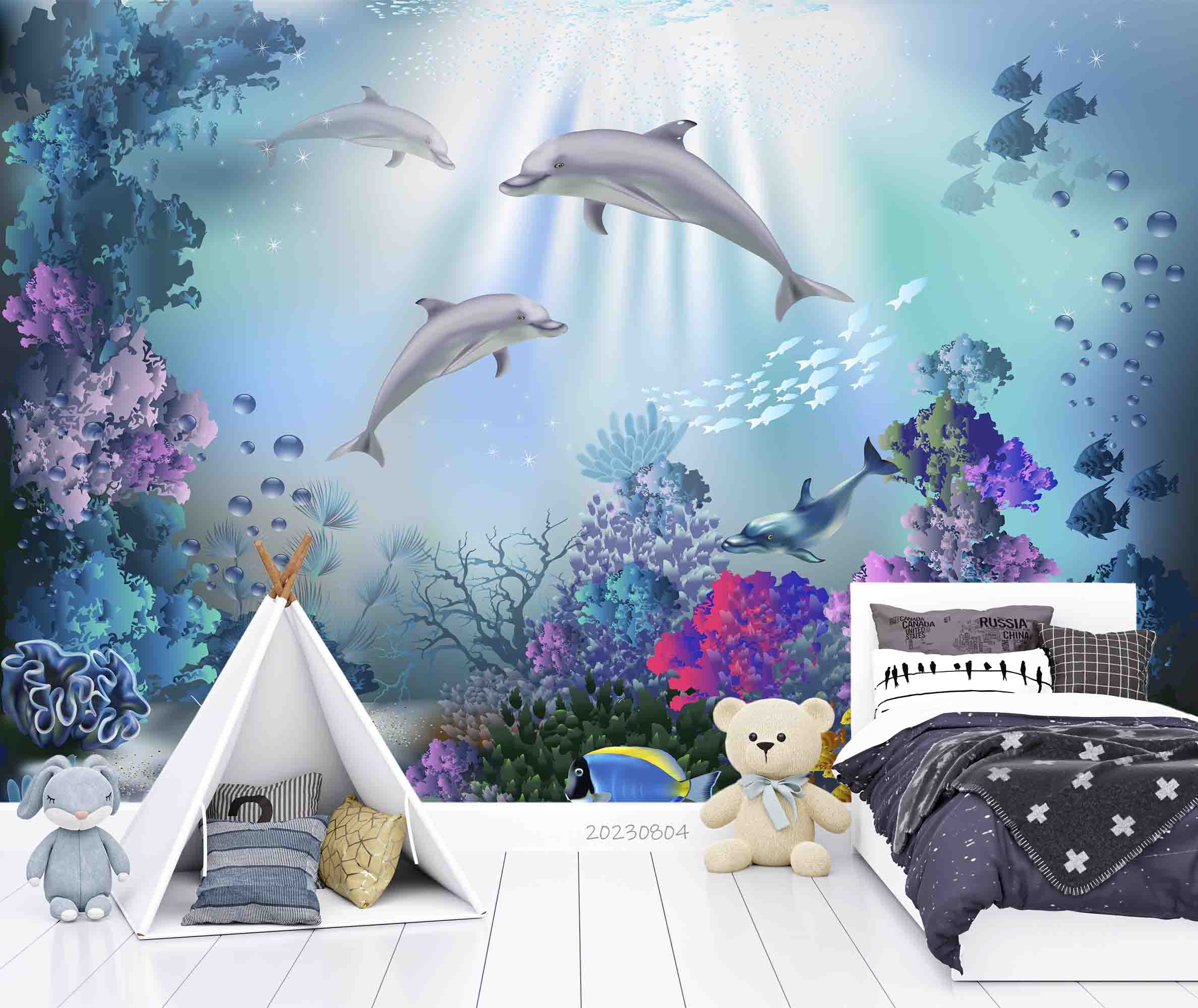 3D Animal Sea Fish Coral Dolphin Wall Mural Wallpaper YXL 2490