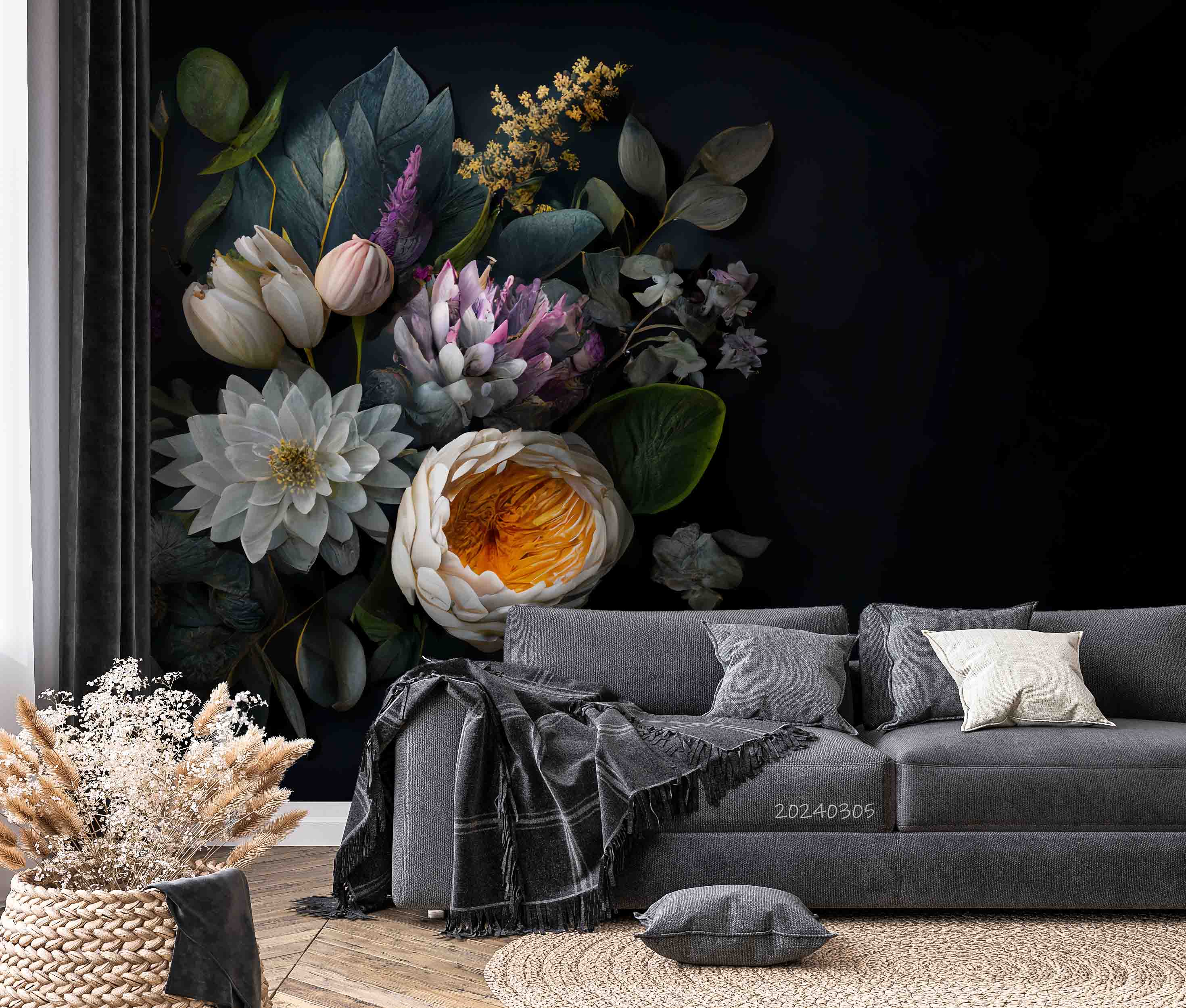3D Floral Bouquet Dark Background Wallpaper Wall Mural Wall Decor Wall Art Wall Sticker Remoable Wallpaper