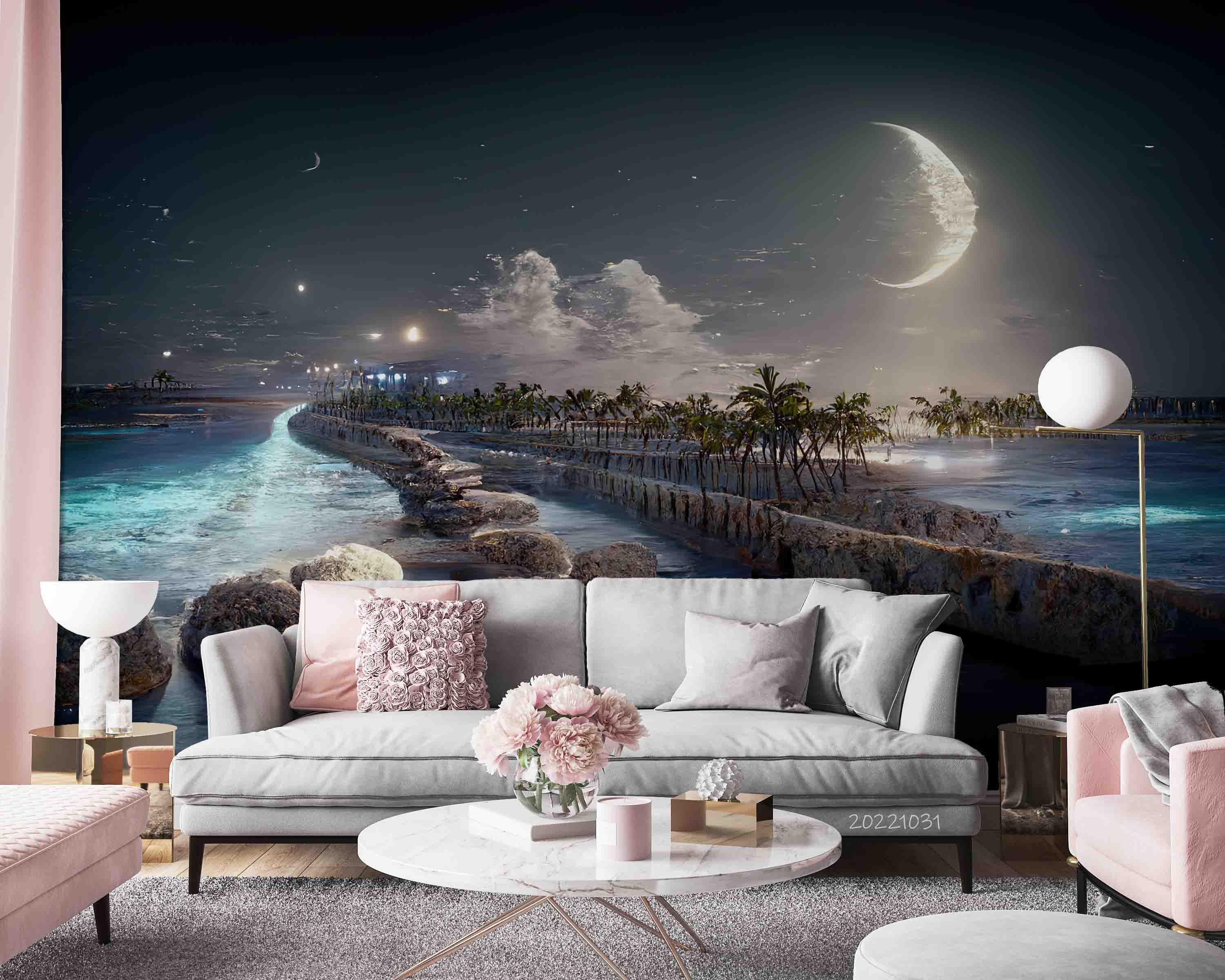 3D Promenade Beach Palm Tree Night Full Moon Sky Wall Mural Wallpaper GD 3050- Jess Art Decoration