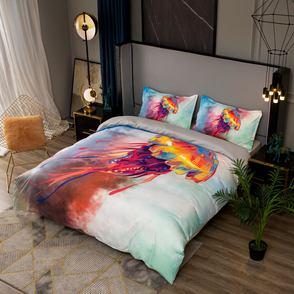 3D Colorful Watercolor Jellyfish Quilt Cover Set Bedding Set Duvet Cover Pillowcases 474- Jess Art Decoration