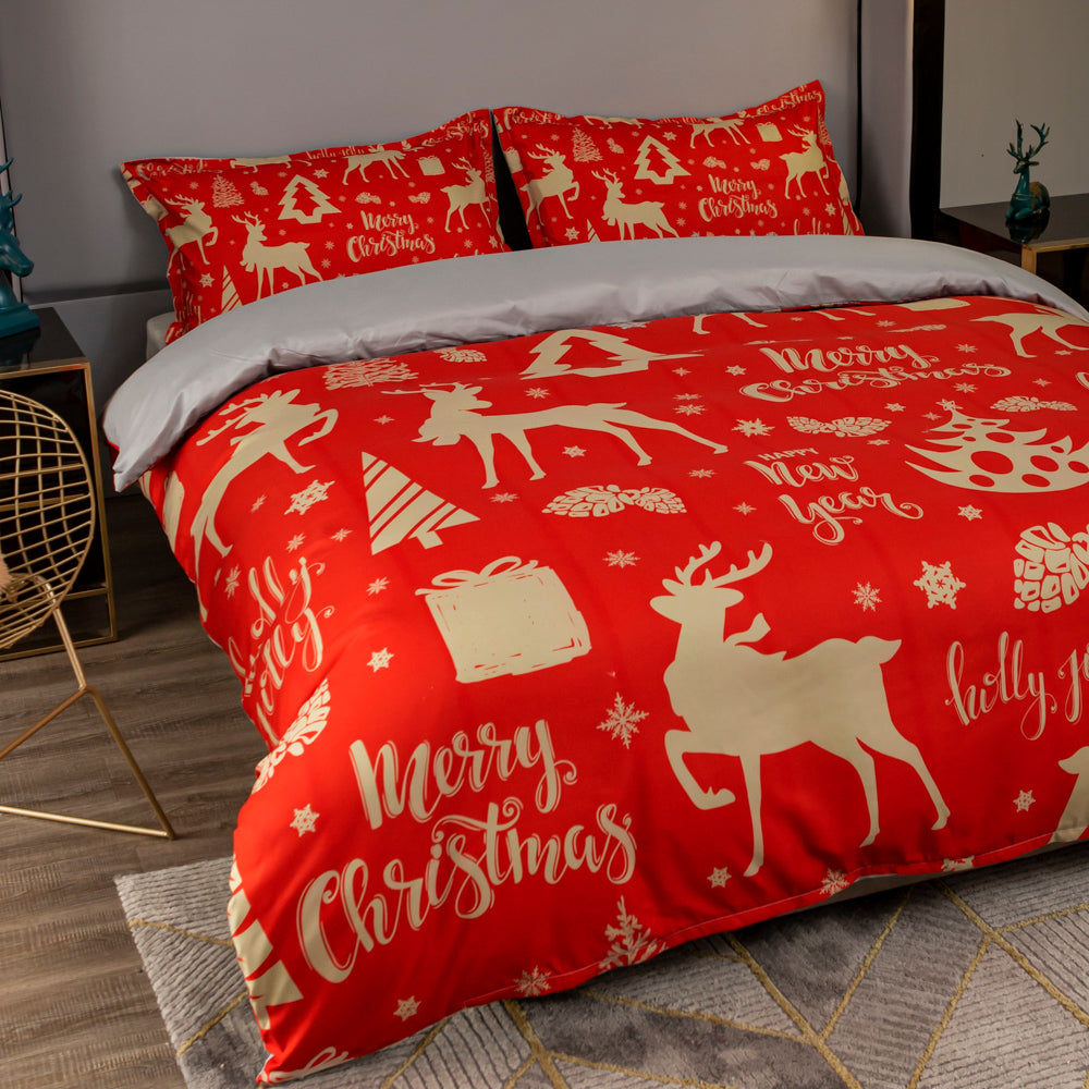 3D Deer Gift Pinecone Golden Red Christmas Quilt Cover Set Bedding Set Duvet Cover Pillowcases 469- Jess Art Decoration
