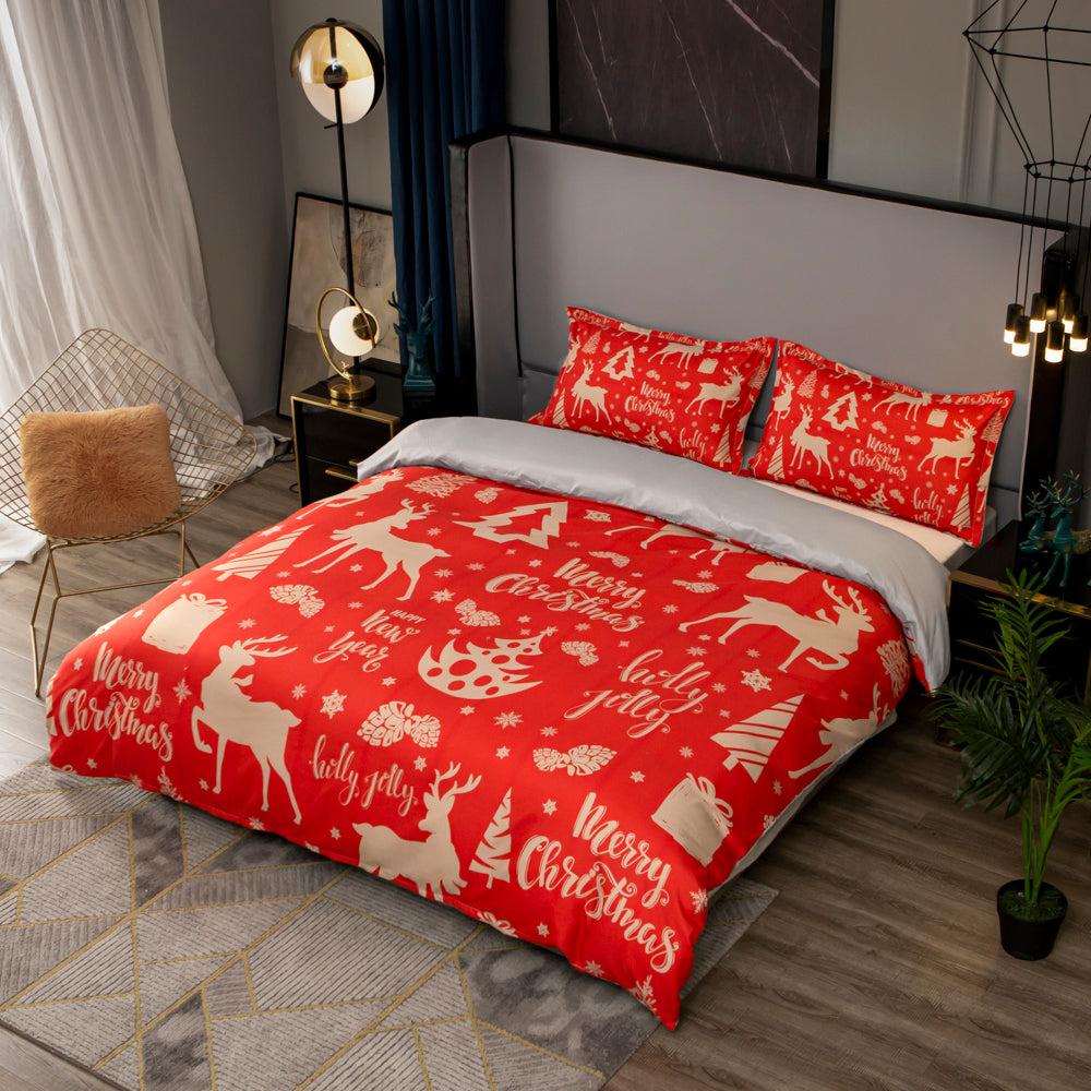 3D Deer Gift Pinecone Golden Red Christmas Quilt Cover Set Bedding Set Duvet Cover Pillowcases 469- Jess Art Decoration