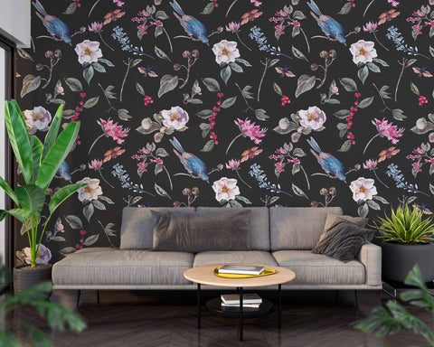 3D Vintage Floral Leaf Bird Black Background Wall Mural Wallpaper GD 4893- Jess Art Decoration