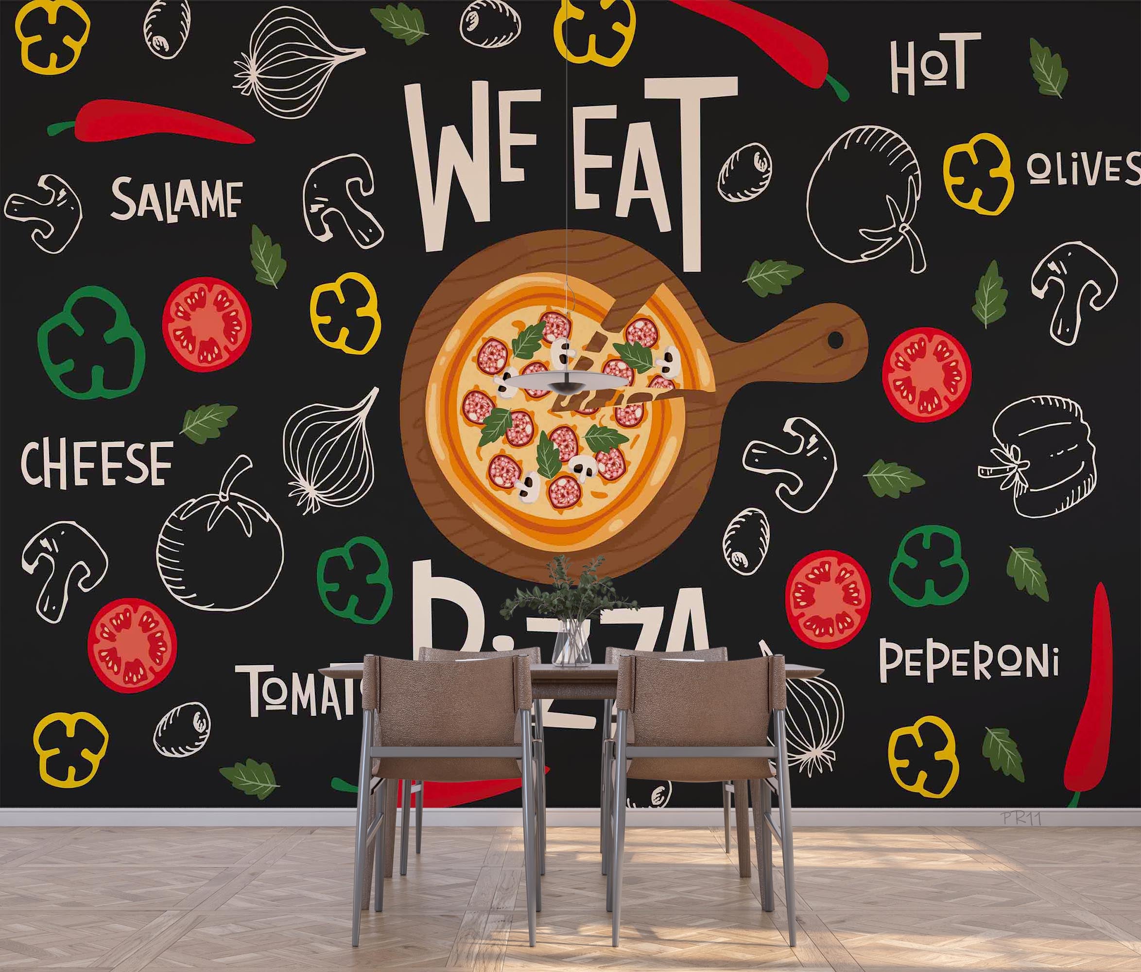 3D Vegetables Pizzeria Black Background Wall Mural Wallpaper GD 4926- Jess Art Decoration