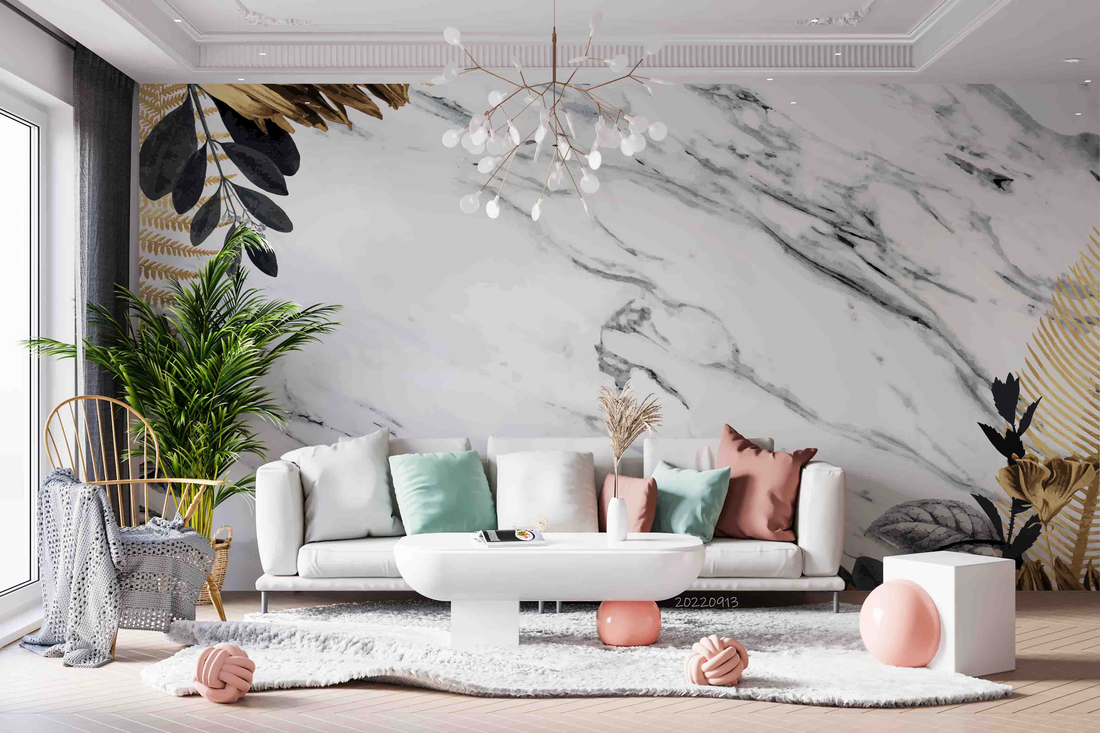 3D Black Gold Leaf Border White Marble Background Wall Mural Wallpaper GD 3582- Jess Art Decoration