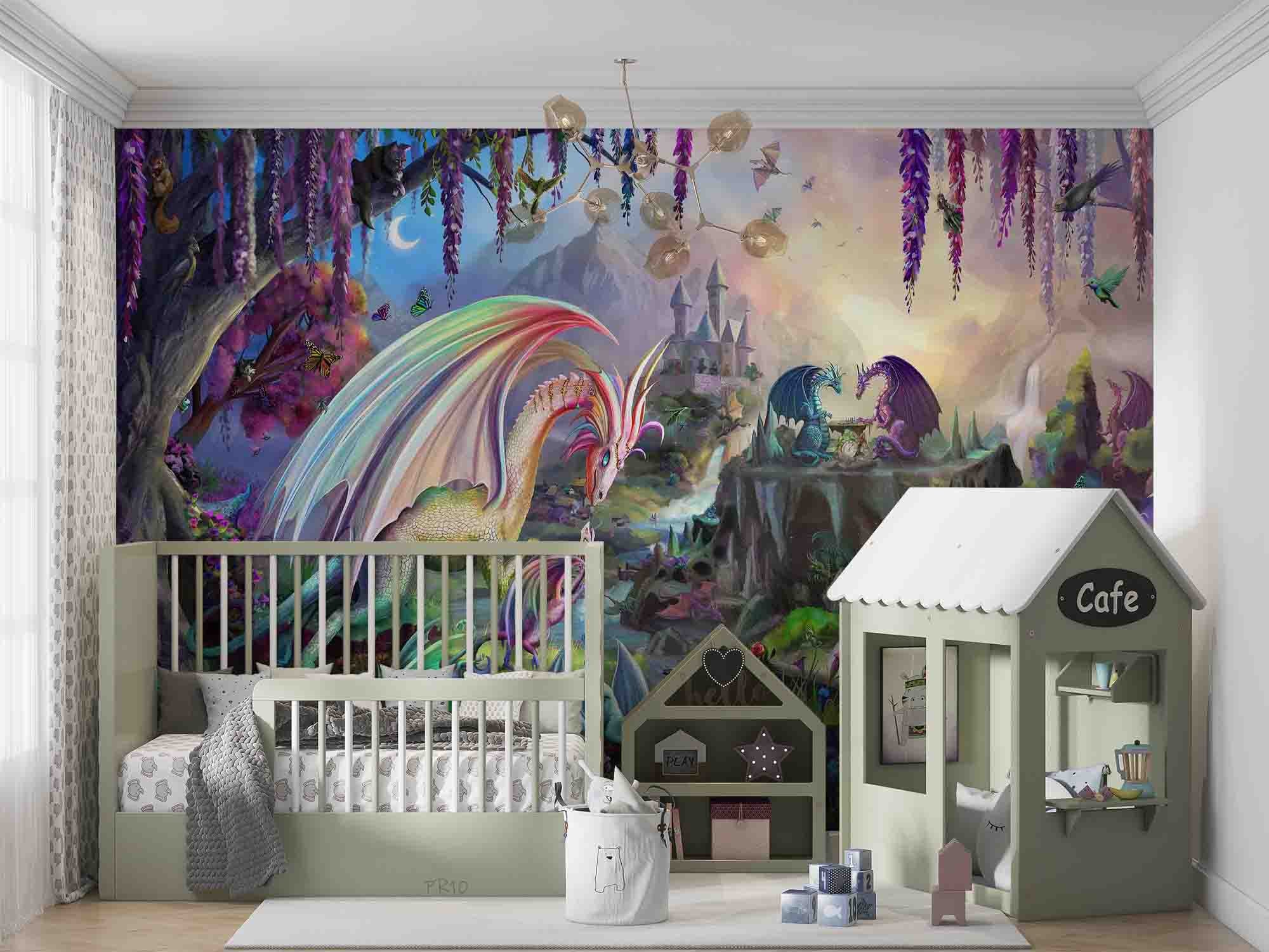 3D Fantasy Castle Plant Floral Dragon Wall Mural Wallpaper GD 4767- Jess Art Decoration