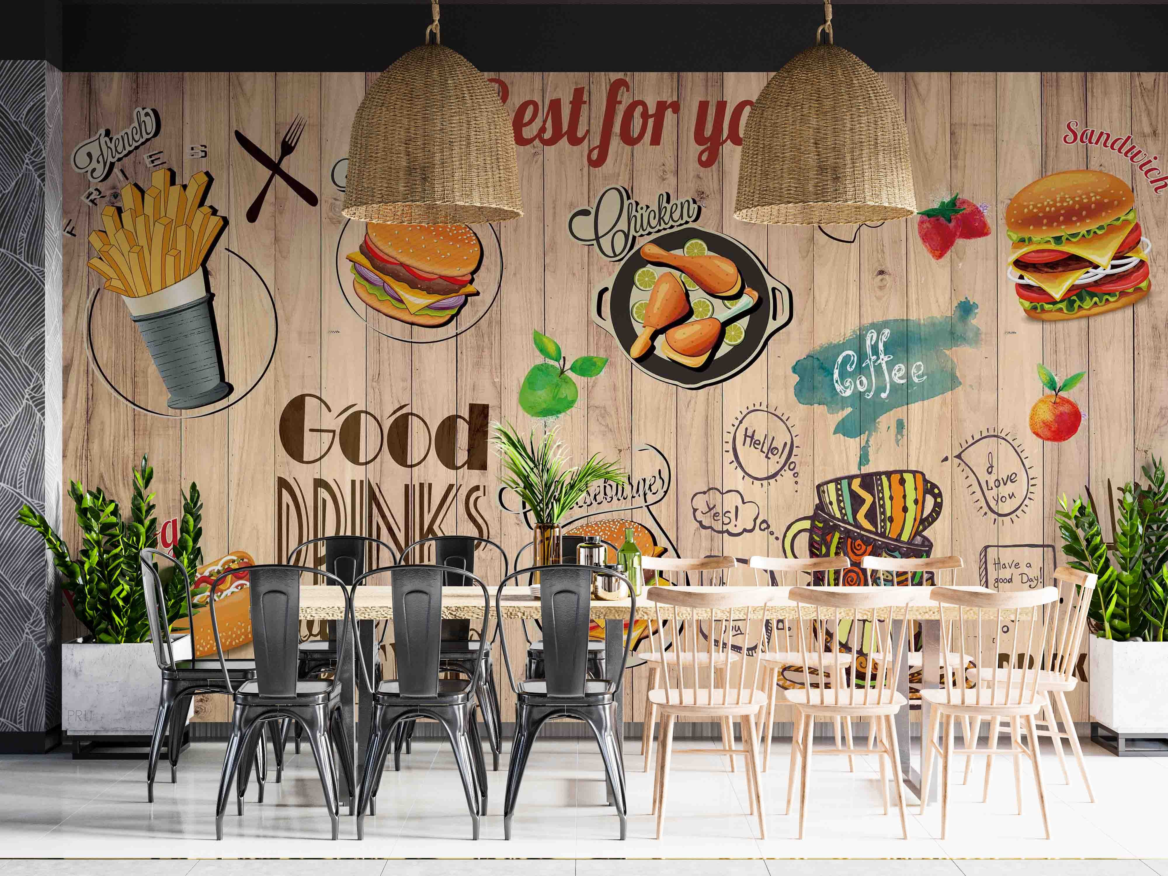 Fast Food Background Food Wallpaper food shop street art wall mural for cafe or restaurant - view 5