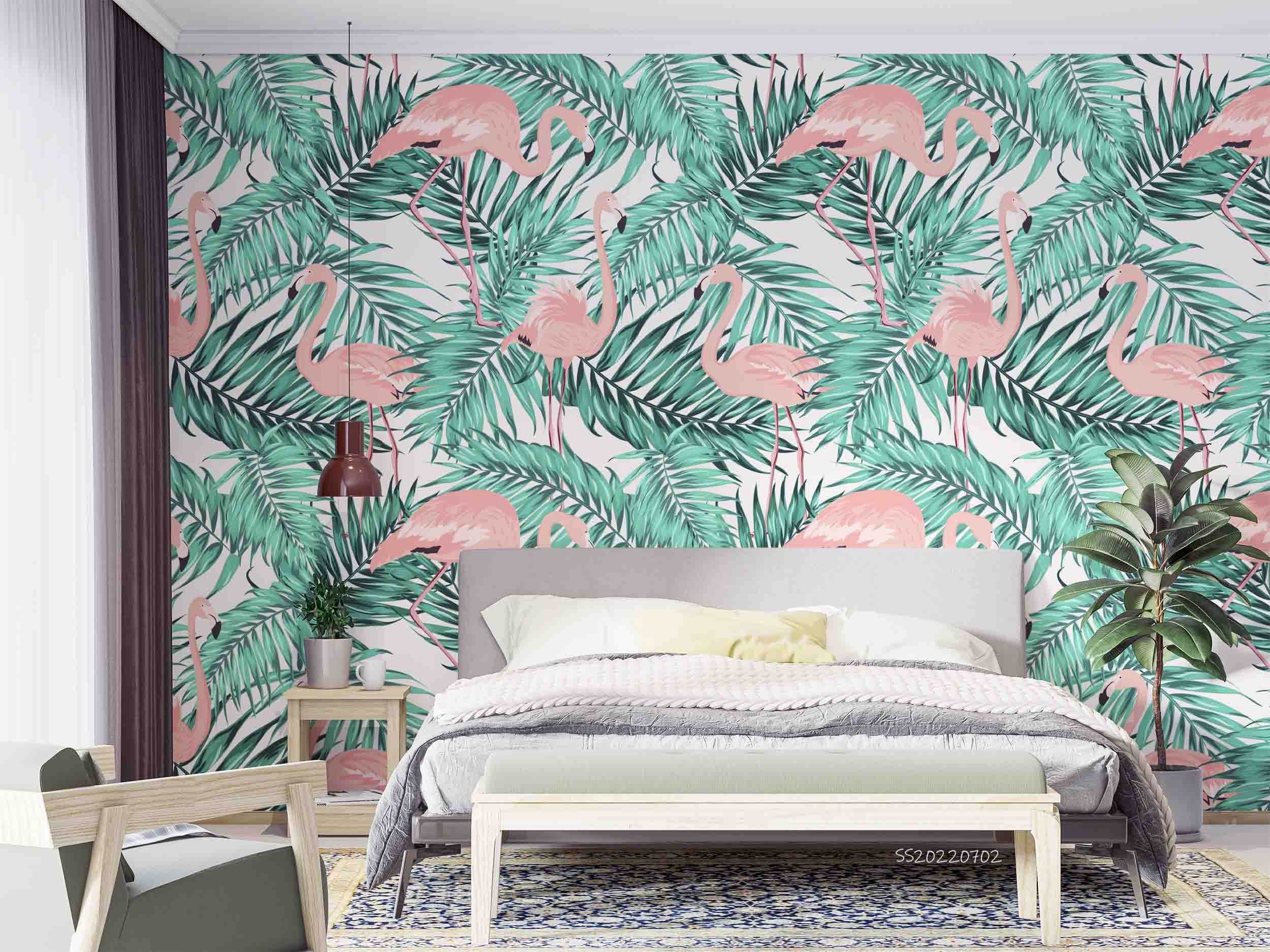 3D Green Tropical Jungle Palm Leaves Pink Exotic Flamingo Wall Mural Wallpaper GD 5157- Jess Art Decoration