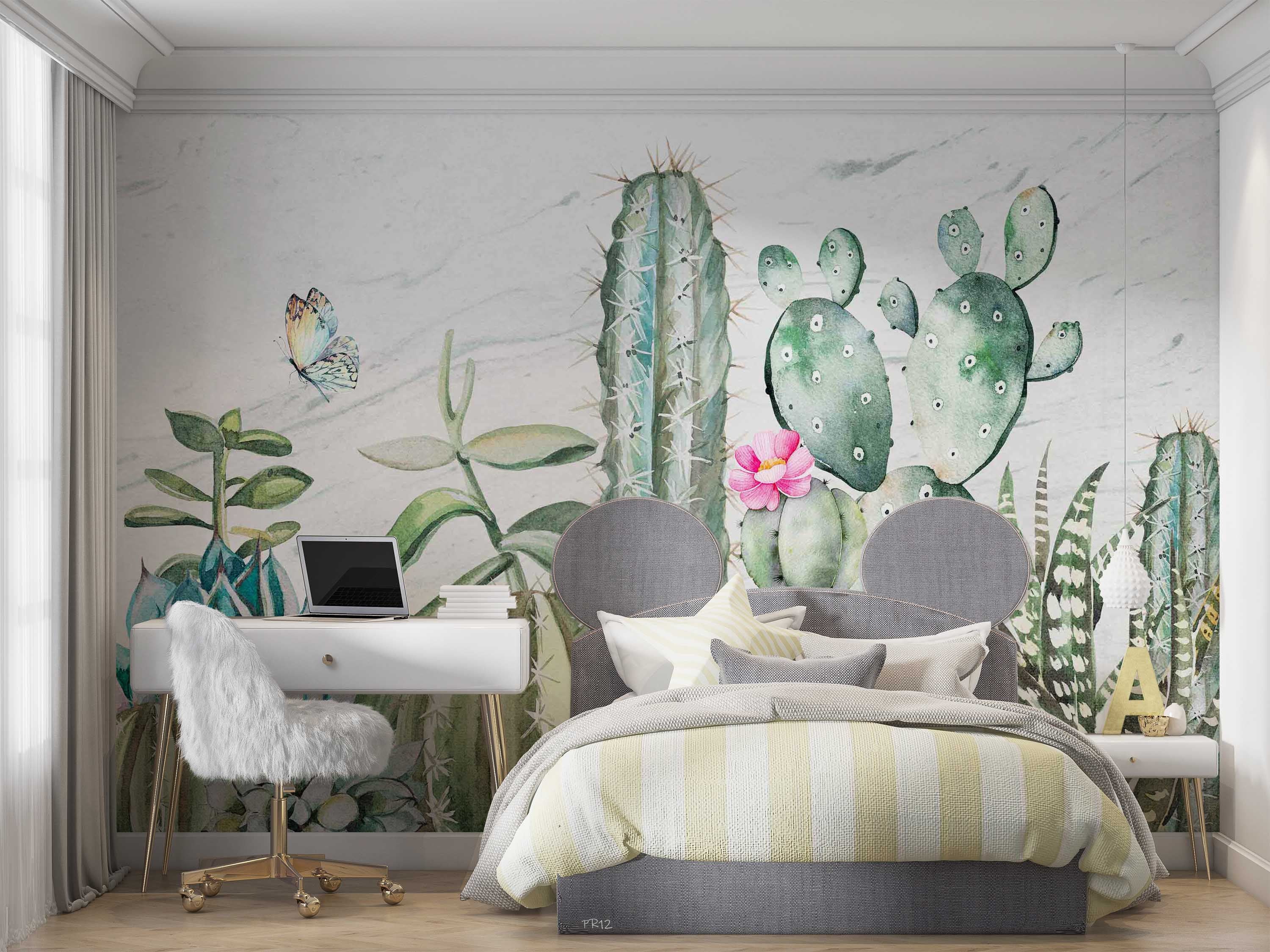 3D Watercolor Cactus Floral Butterfly Wall Mural Wallpaper GD 4962- Jess Art Decoration